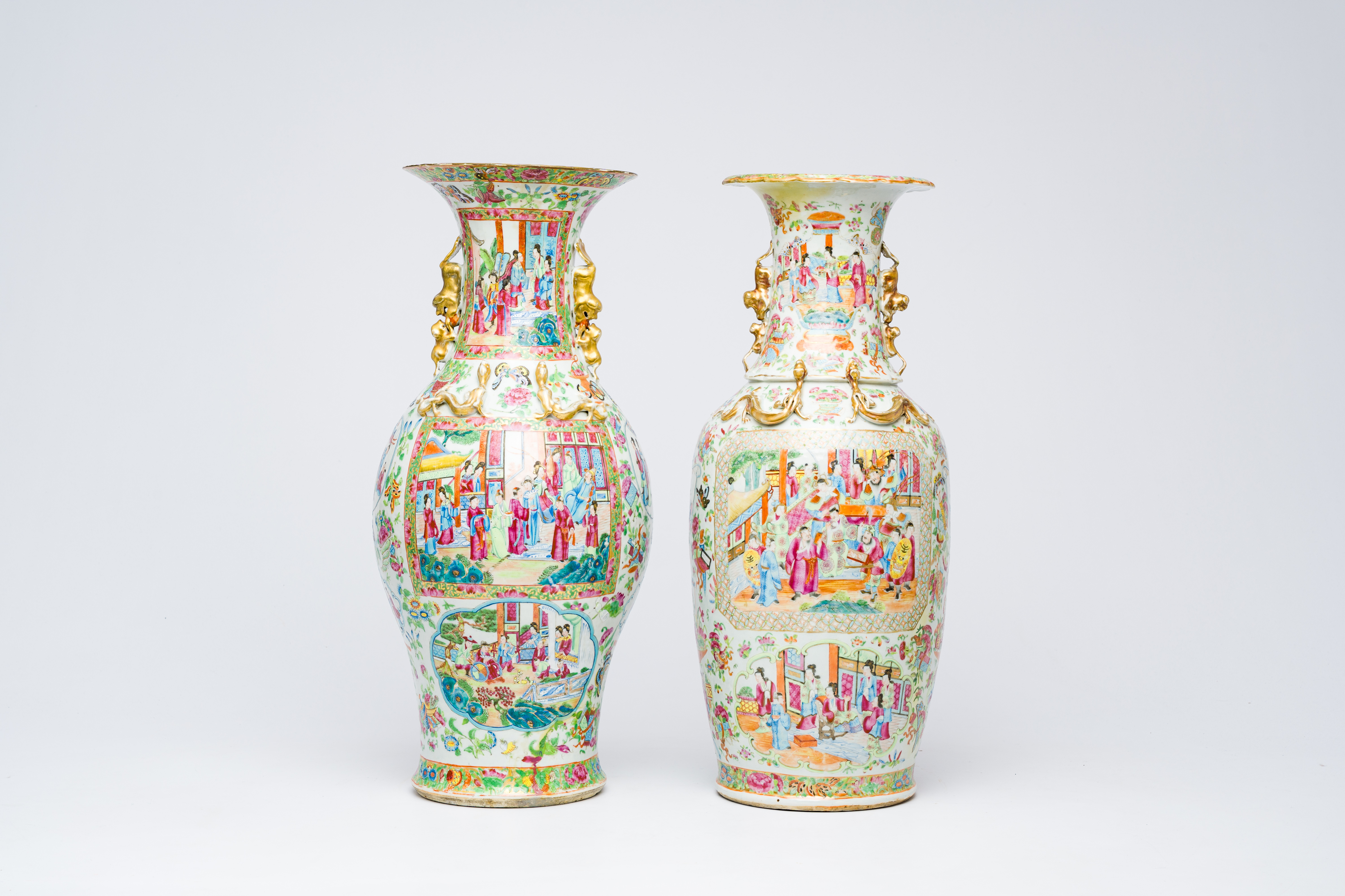 Two Chinese Canton famille rose vases with palace scenes and floral design, 19th C. - Image 4 of 9
