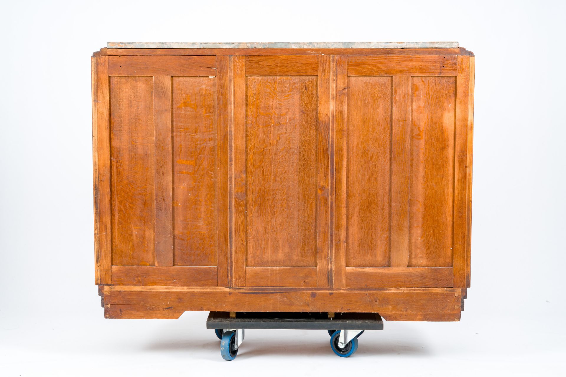 A burl wood veneered Art Deco chest with five drawers and a marble top, first half 20th C. - Image 5 of 7