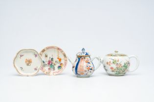 Two Chinese famille verte and Imari-style teapots, an armorial stand and a 'mandarin' saucer, Kangxi