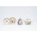Two Chinese famille verte and Imari-style teapots, an armorial stand and a 'mandarin' saucer, Kangxi