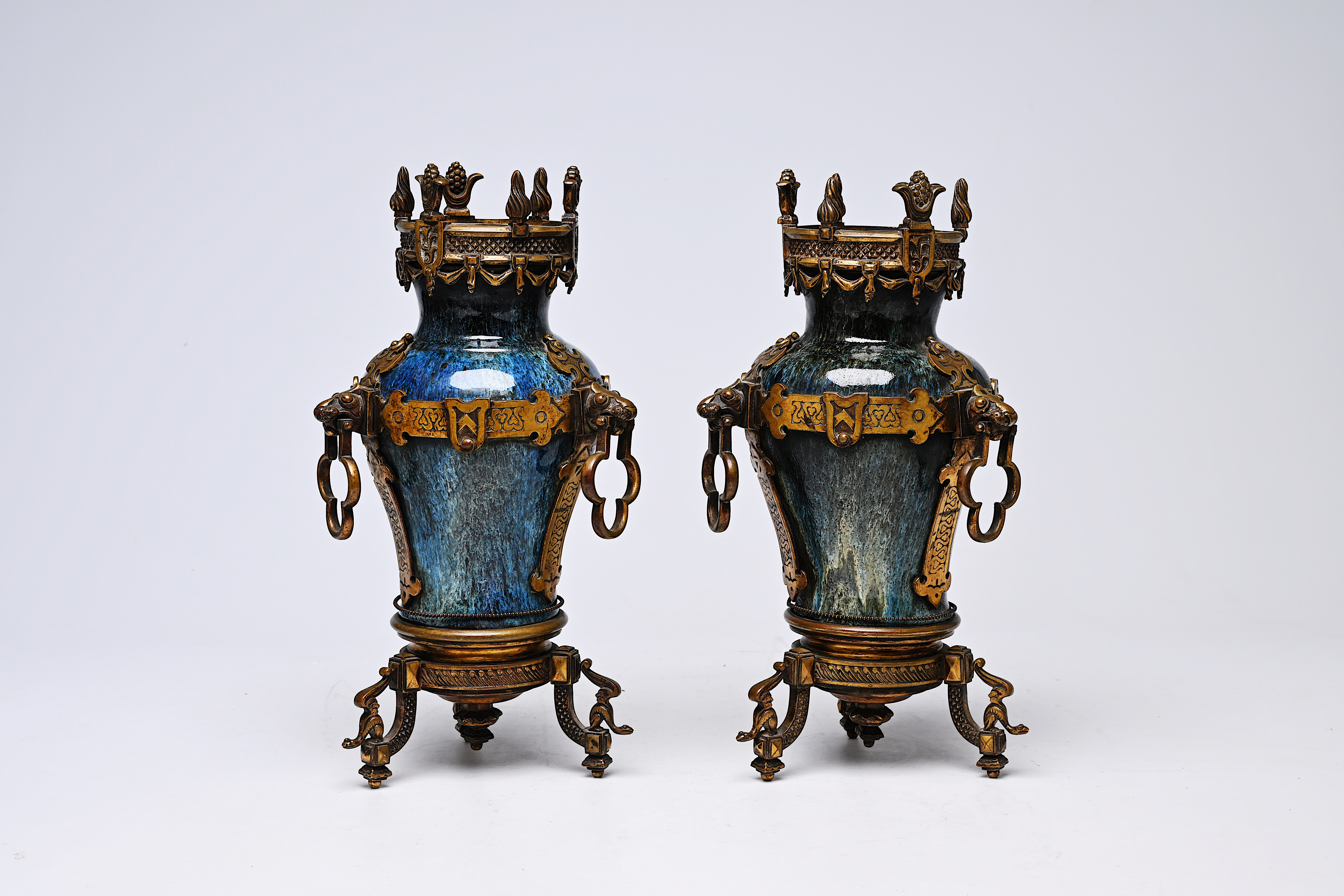 A pair of Chinese flambe glazed vases with gilt bronze mounts, 19th C. - Image 3 of 16