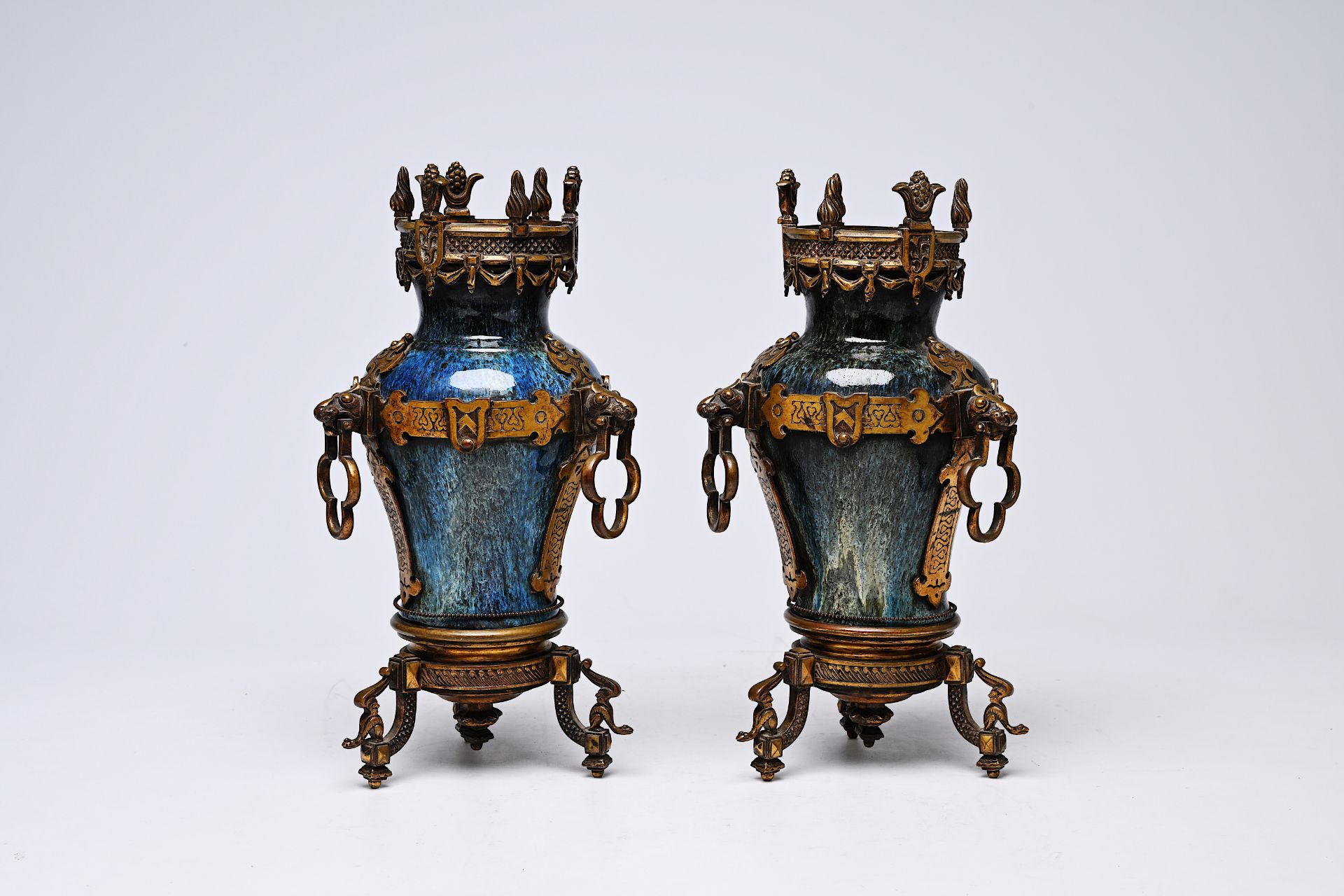 A pair of Chinese flambe glazed vases with gilt bronze mounts, 19th C. - Image 3 of 16