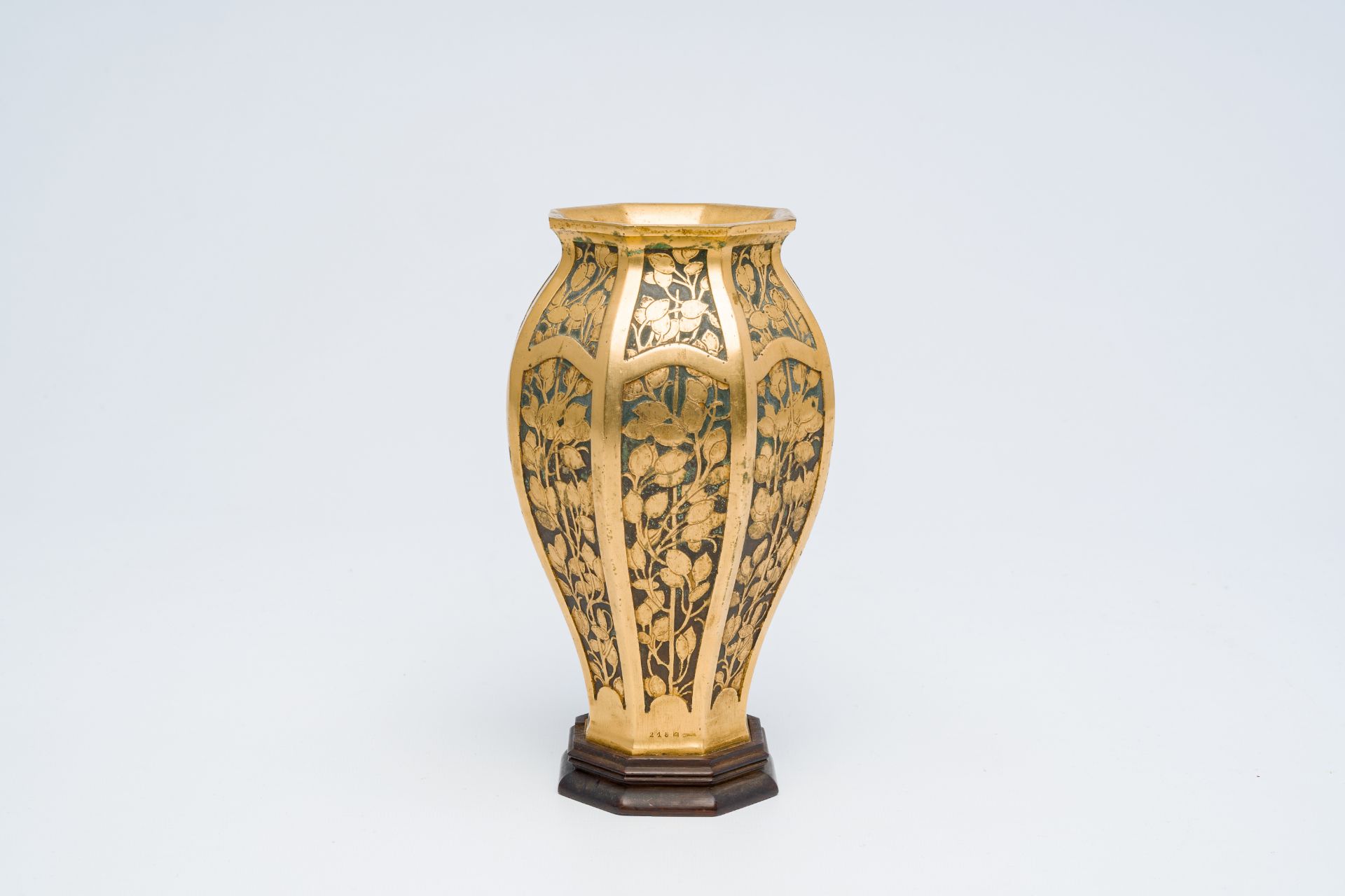 A French octagonal bronze vase with floral design, Christofle, first half 20th C.