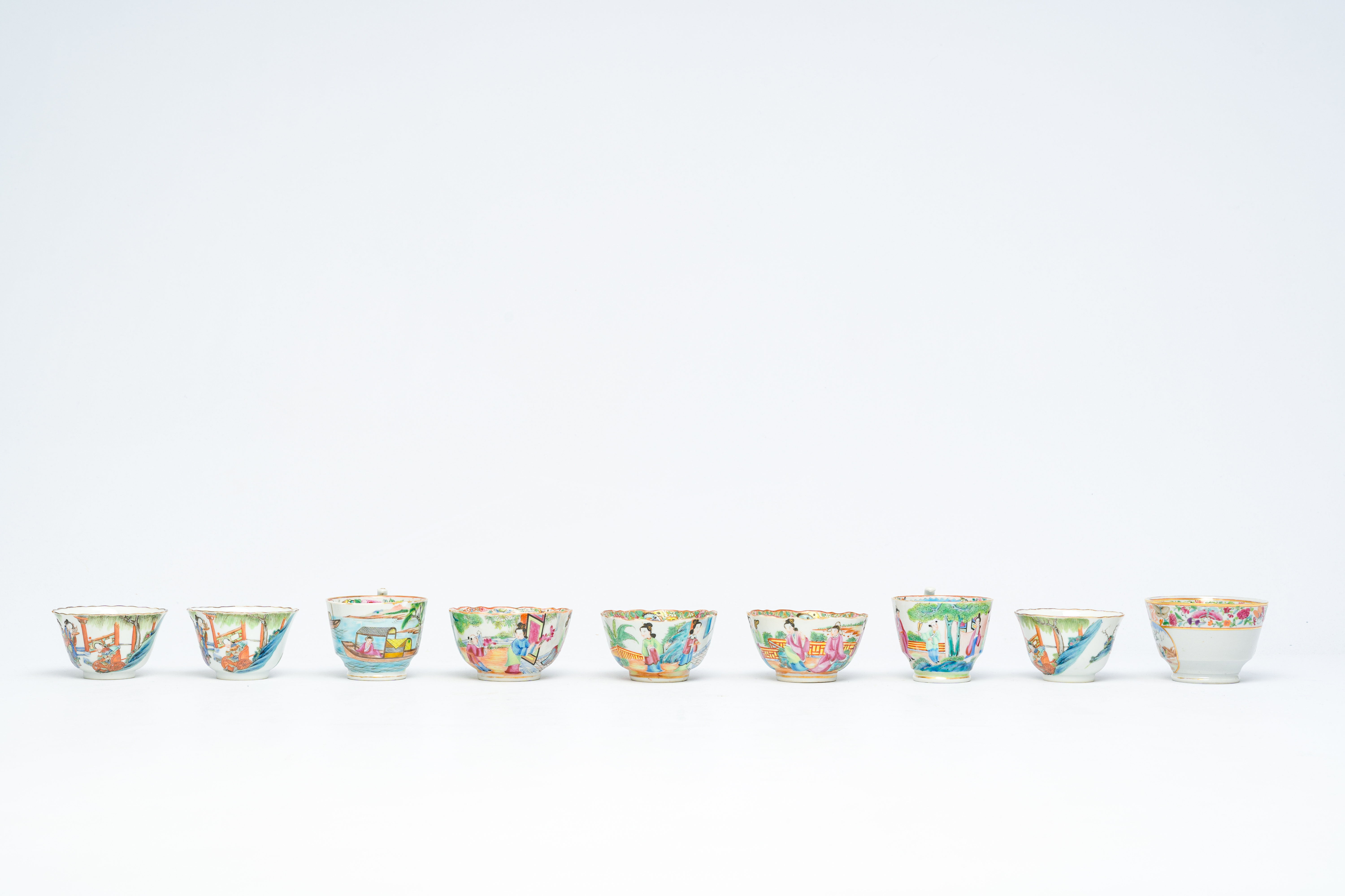 Nine Chinese Canton famille rose cups and seven saucers, 19th C. - Image 7 of 11