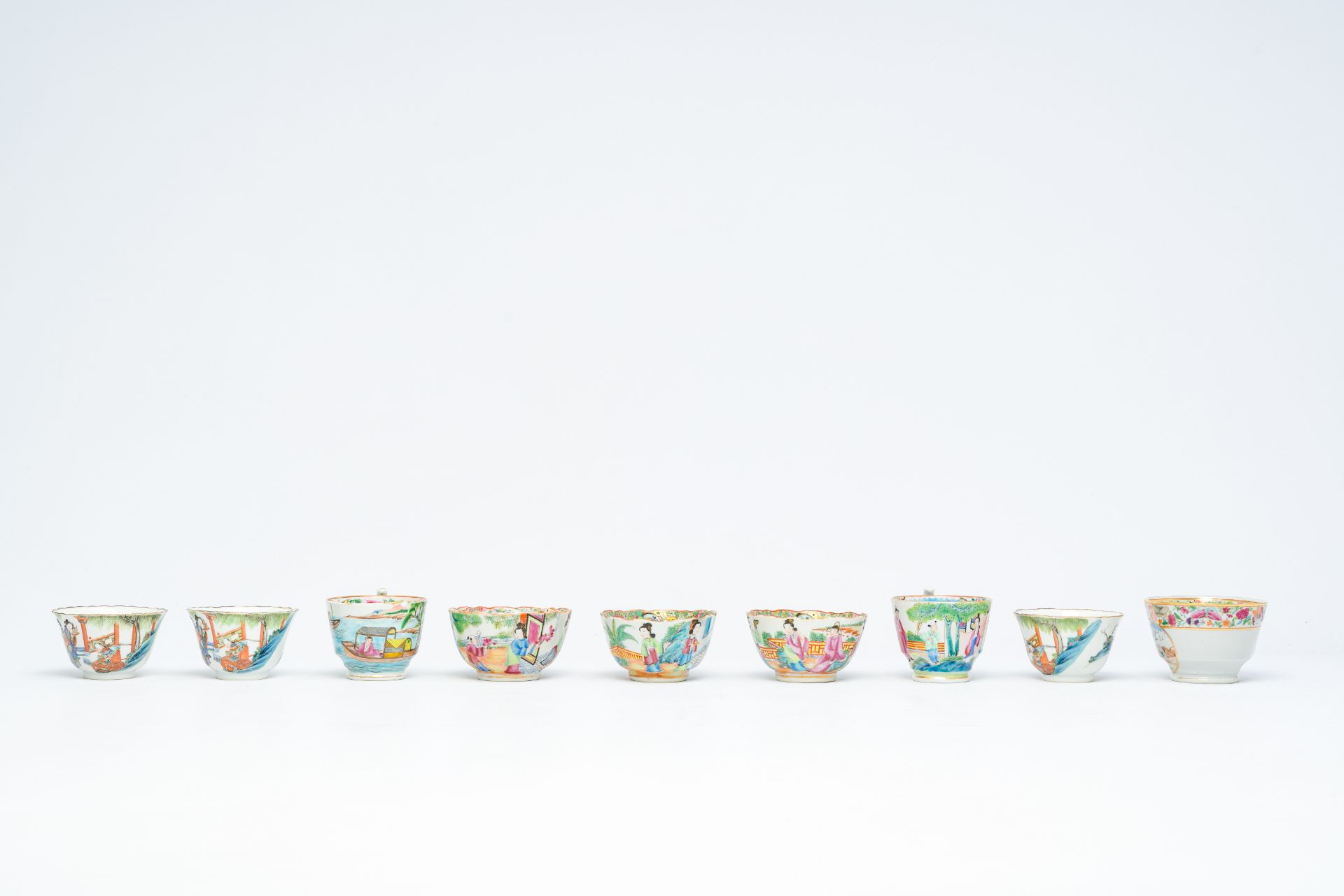 Nine Chinese Canton famille rose cups and seven saucers, 19th C. - Image 7 of 11