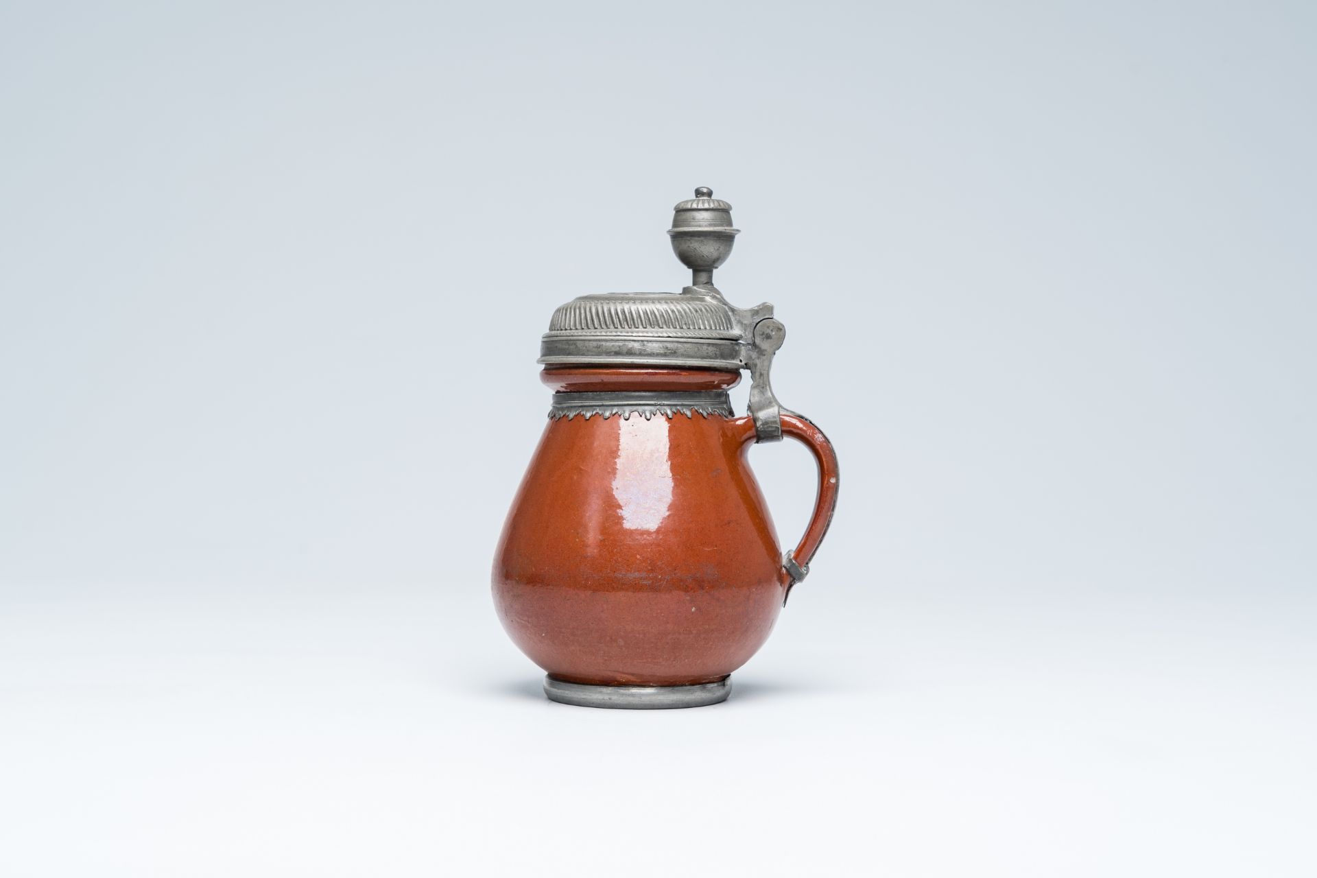 A German stoneware jug with pewter lid depicting the Adoration of the Shepherds, probably Altenburg, - Image 2 of 8