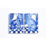 A pair of Dutch Delft blue and white tile murals with a cat and a dog ('Tromp'), 18th C.