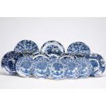 Fifteen Dutch Delft blue and white dishes with tea tree designs and chinoiserie dragons, 18th C.