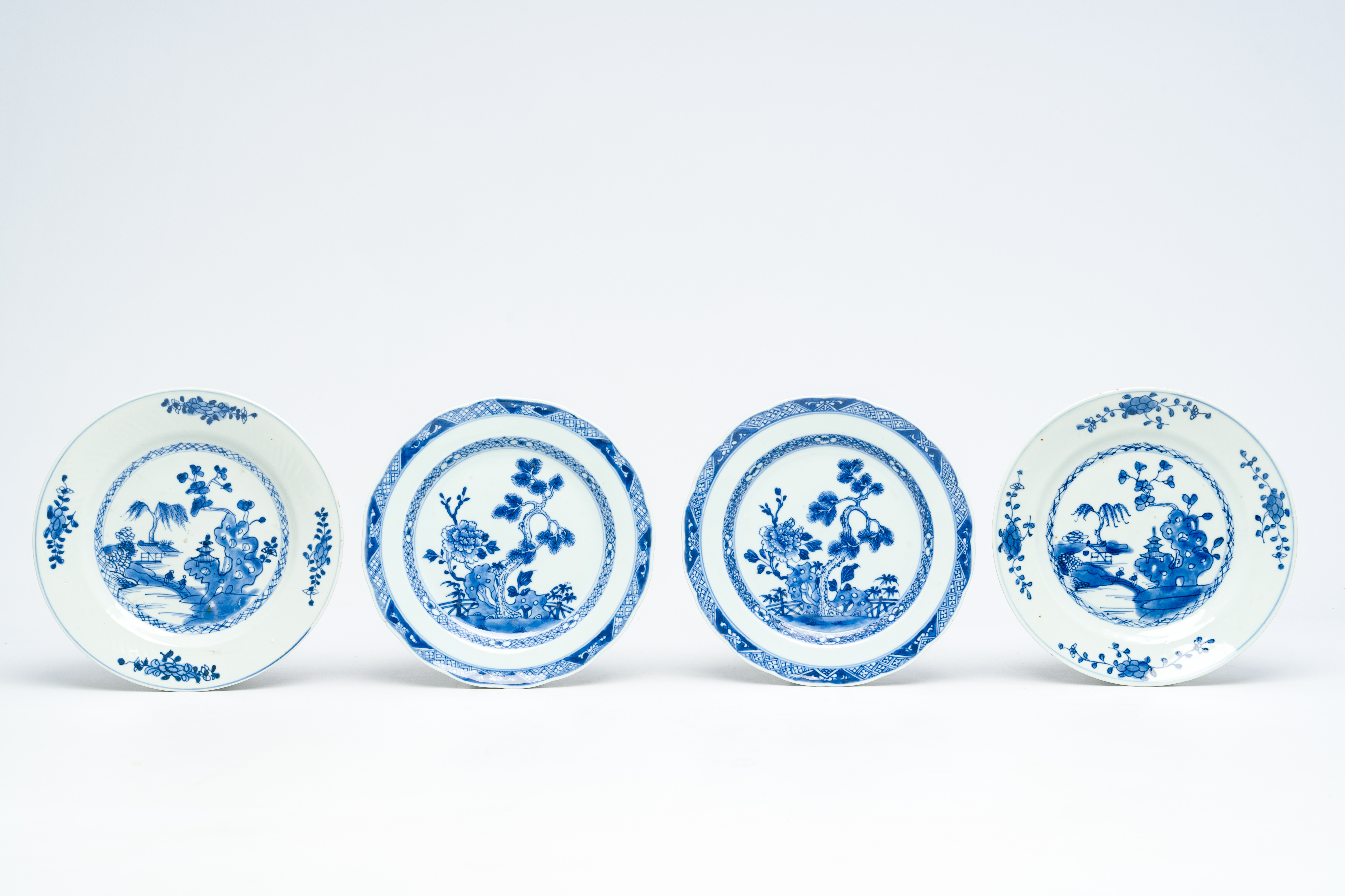 Nine Chinese blue and white plates with floral design and animated river landscapes, Yongzheng/Qianl - Image 4 of 7