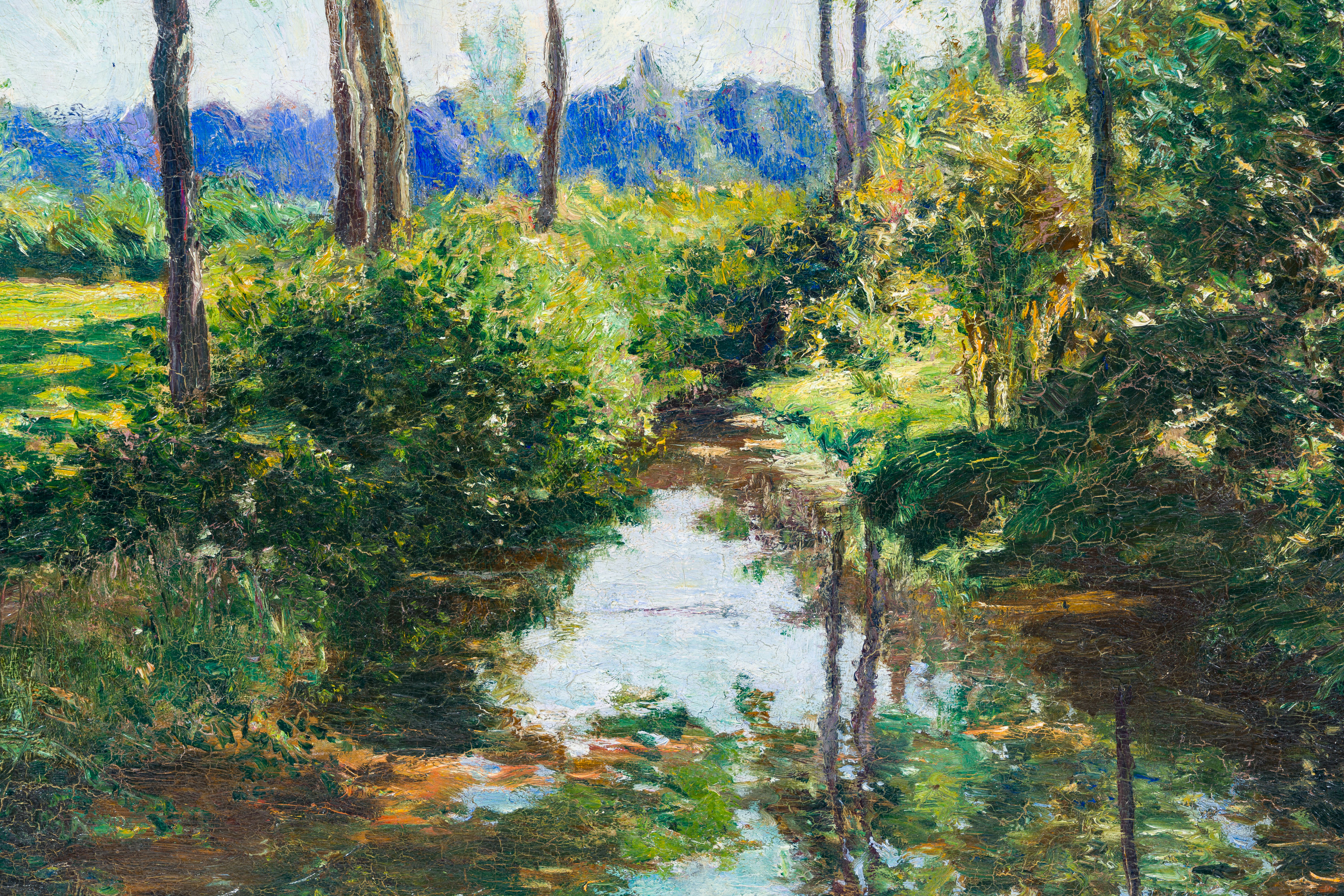 Leopold Haeck (1868-1928): Sunlit landscape with a stream, oil on canvas, dated (18)98 - Image 5 of 5