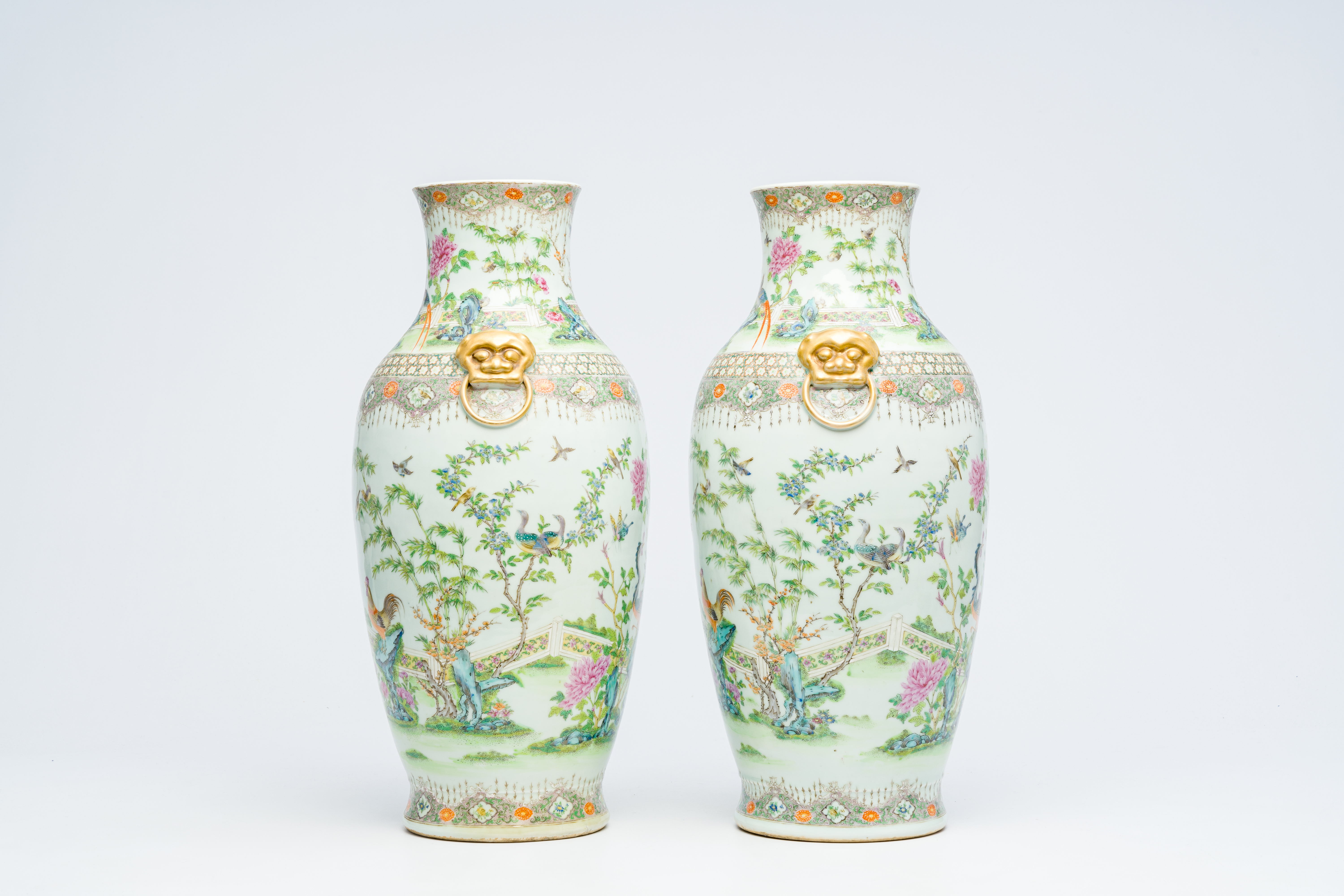A pair of Chinese Canton famille rose vases with birds among blossoming branches, 19th C. - Image 2 of 6