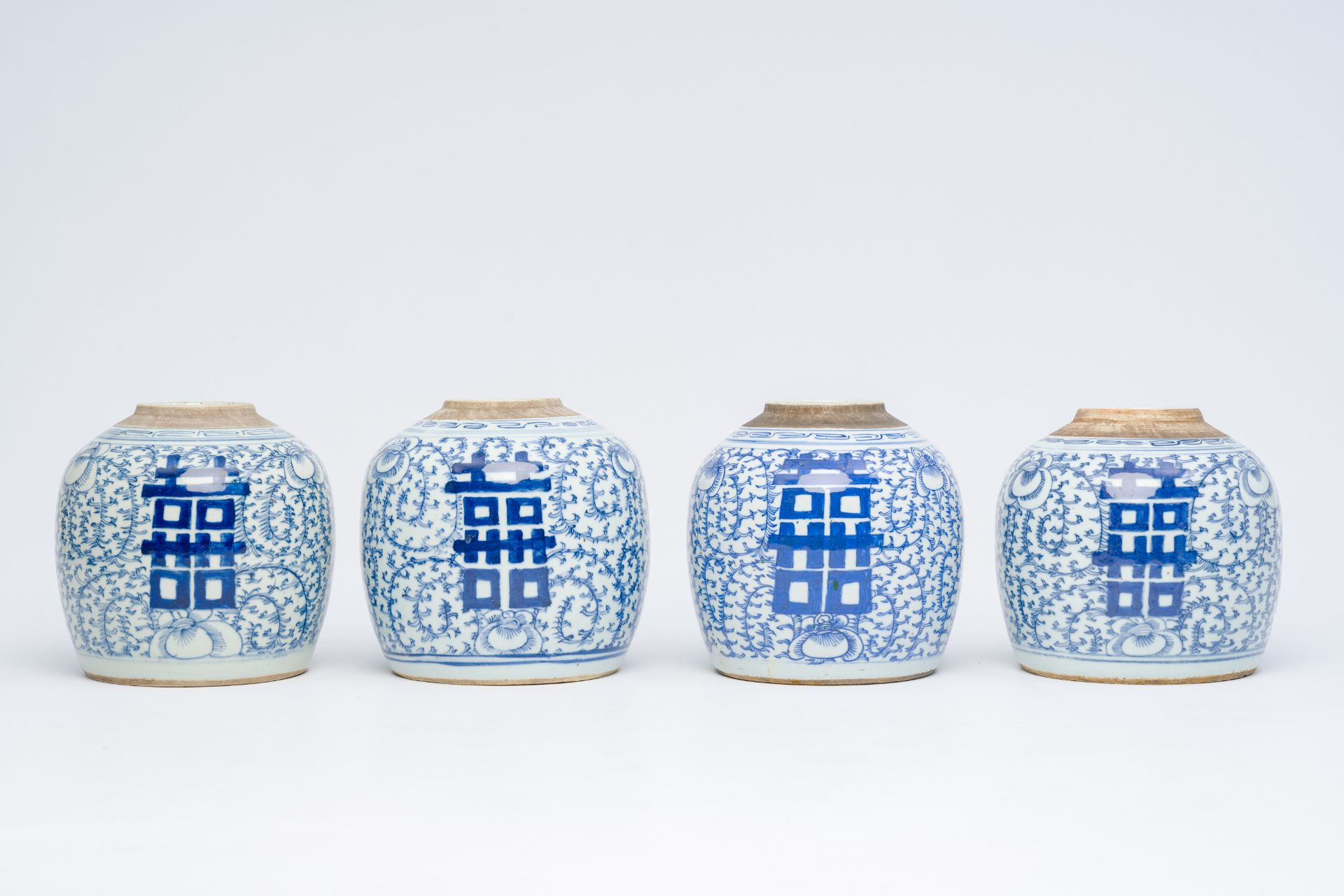 Eight Chinese blue and white ginger jars with 'Xi' and floral design, 19th/20th C. - Image 7 of 28