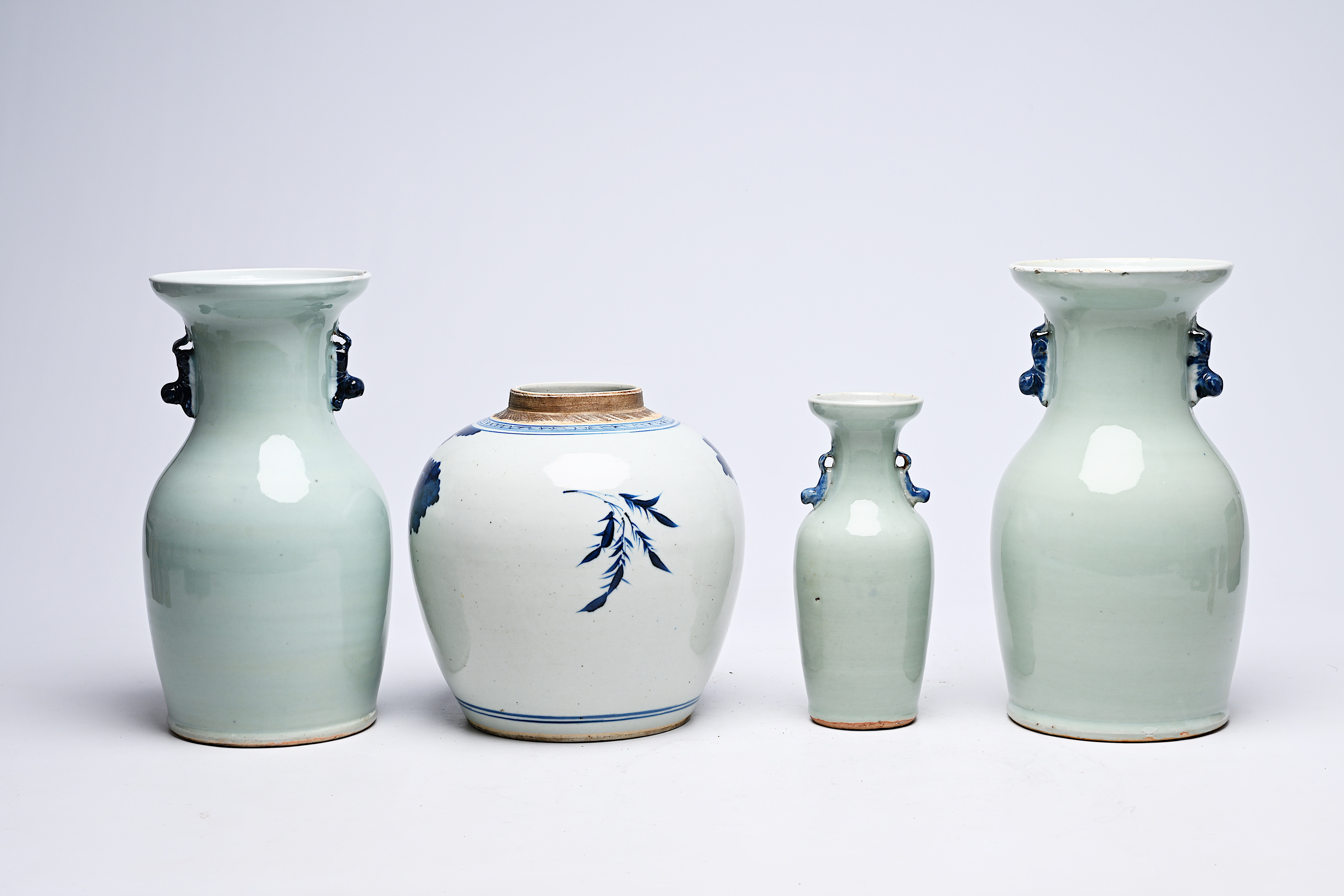 Three Chinese blue and white celadon-ground vases and a blue and white jar, 19th C. - Image 7 of 14