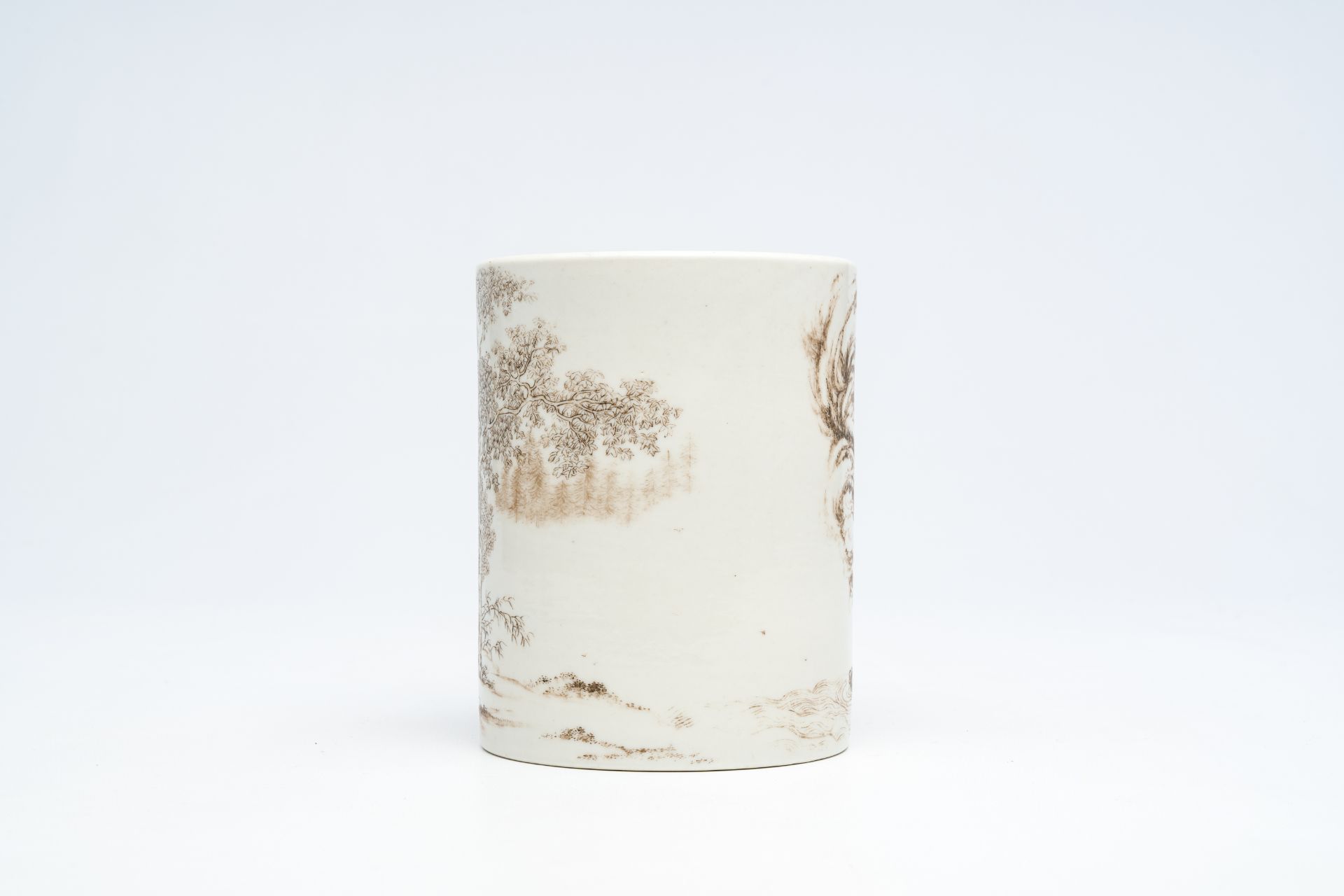 A Chinese grisaille brush pot with an animated landscape, 20th C. - Image 7 of 14