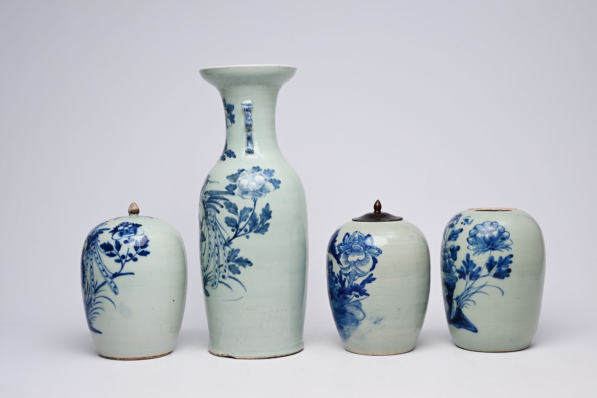 Three Chinese blue and white celadon ground ginger jars and a vase with phoenixes among blossoming b - Image 3 of 12