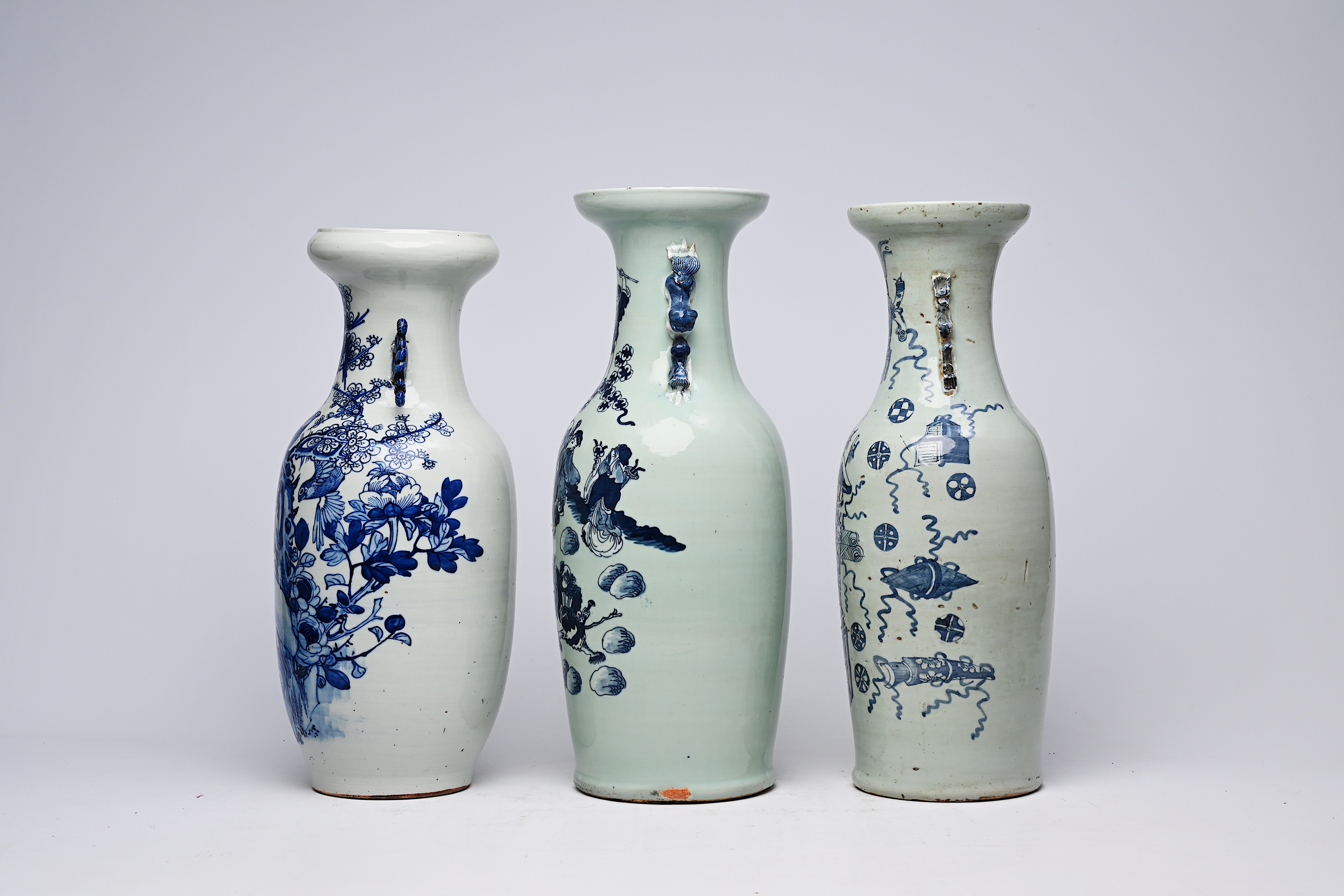 Three various Chinese blue and white celadon ground vases, 19th/20th C. - Image 4 of 16