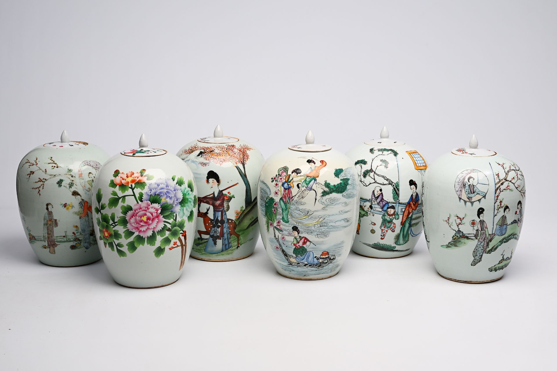 Six Chinese famille rose and qianjiang cai ginger jars with floral and figurative design, 19th/20th