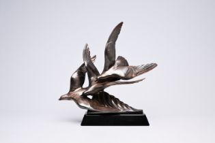 Alexandre Kelety (1874-1940): Seagulls, silver-plated bronze on a black marble base, foundry mark 'E