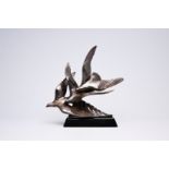 Alexandre Kelety (1874-1940): Seagulls, silver-plated bronze on a black marble base, foundry mark 'E