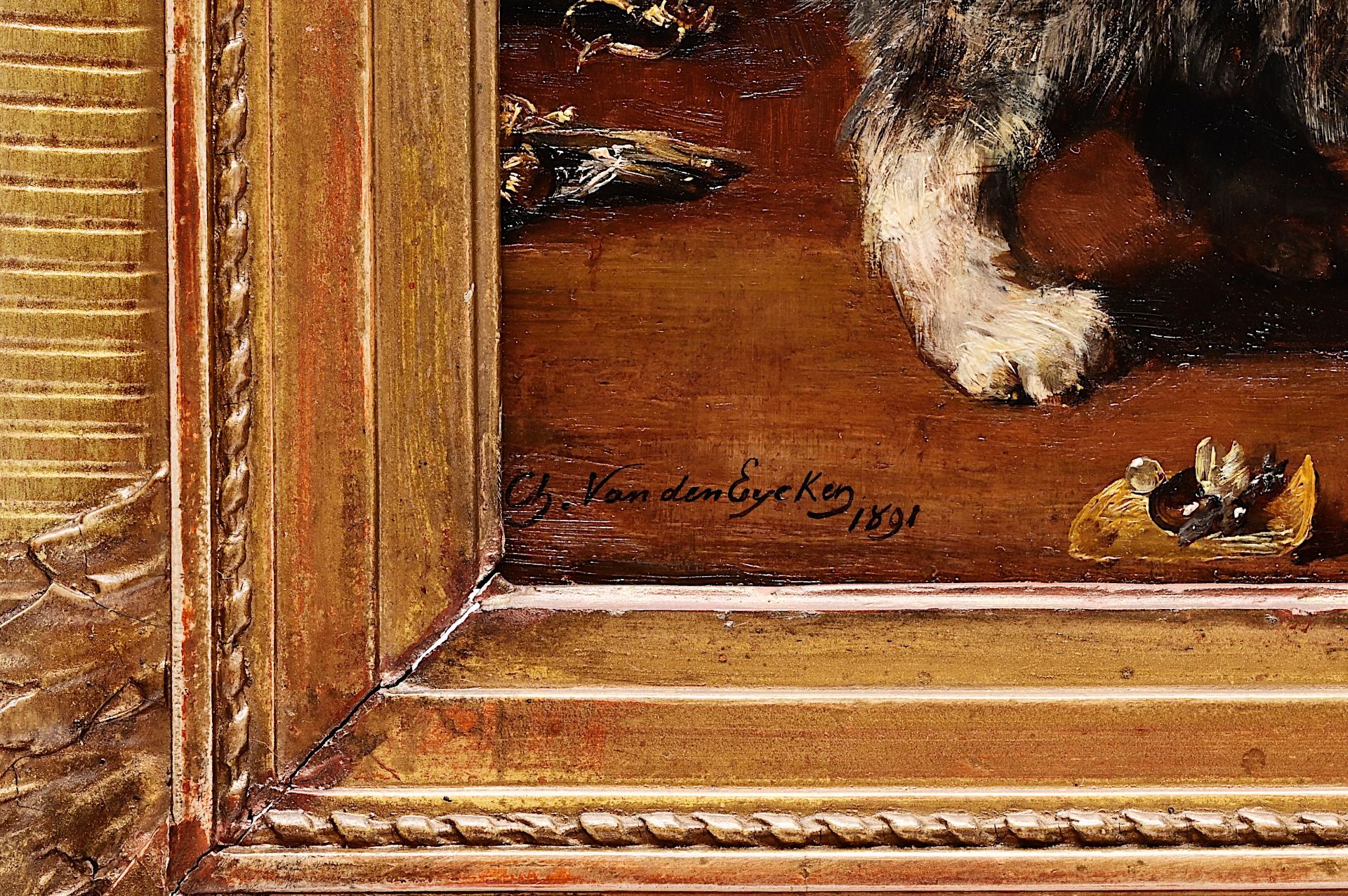 Charles II Van den Eycken (1859-1923): Kittens playing with a jewelry box, oil on panel, dated 1891 - Image 4 of 6