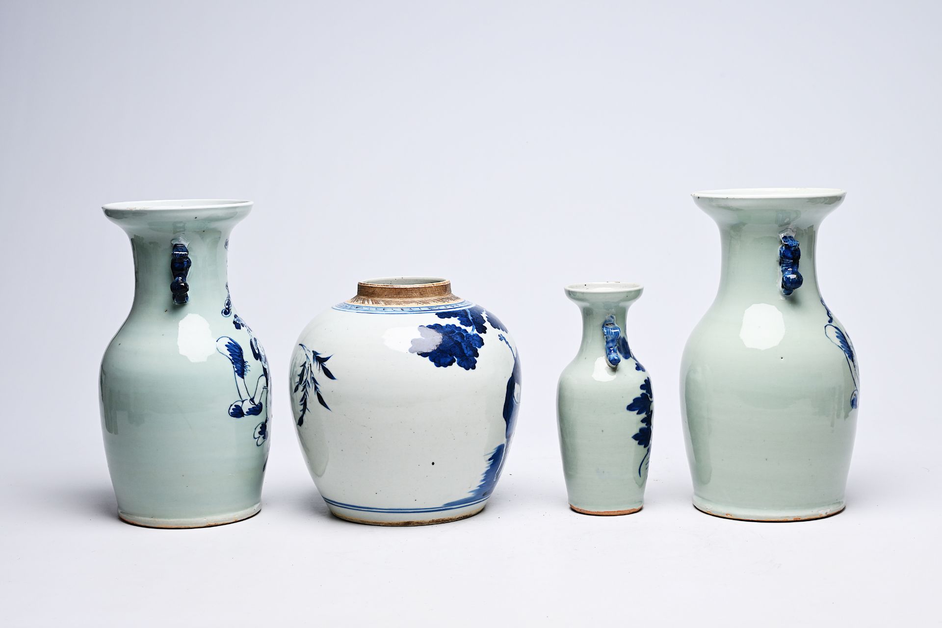Three Chinese blue and white celadon-ground vases and a blue and white jar, 19th C. - Image 9 of 14