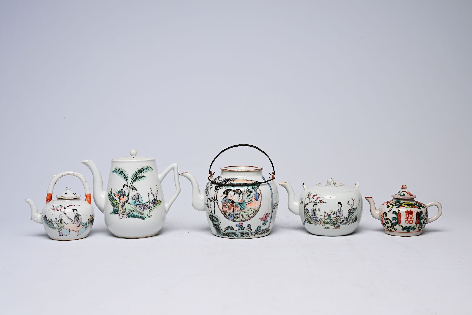 Five Chinese famille rose and qianjiang cai teapots and covers with floral and figurative design, 19 - Image 2 of 8