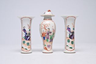 A Chinese famille rose three-piece 'mandarin subject' garniture, Qianlong