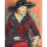 Monogrammed P.M.H. (?): Lady with a hat, oil on canvas, dated (19)17