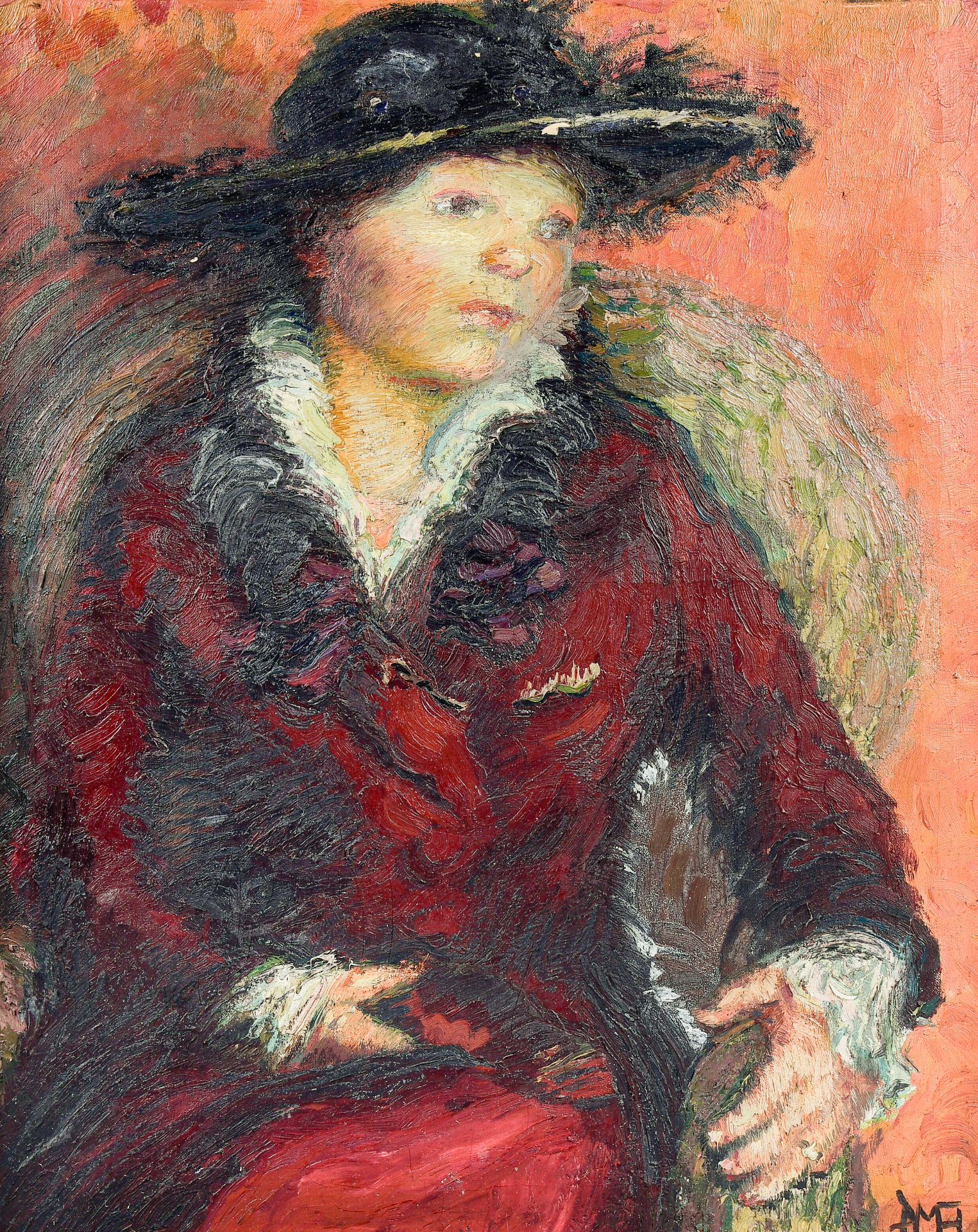 Monogrammed P.M.H. (?): Lady with a hat, oil on canvas, dated (19)17