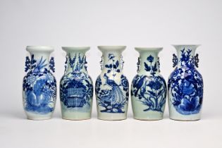 Five Chinese blue and white celadon ground vases with birds among blossoming branches and floral des