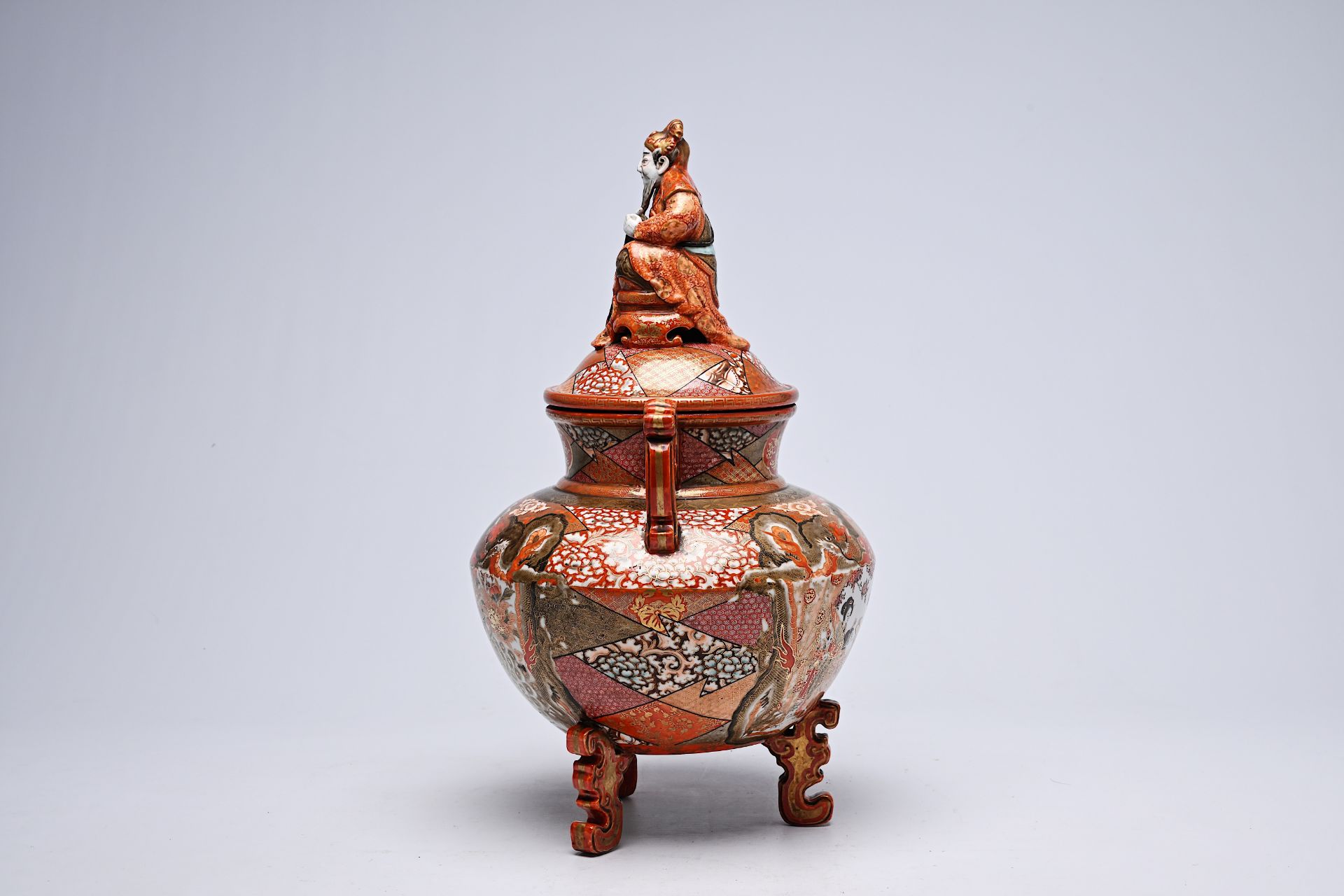 A Japanese Kutani incense burner crowned with an Immortal with ladies in a landscape, dragons and bi - Image 2 of 9
