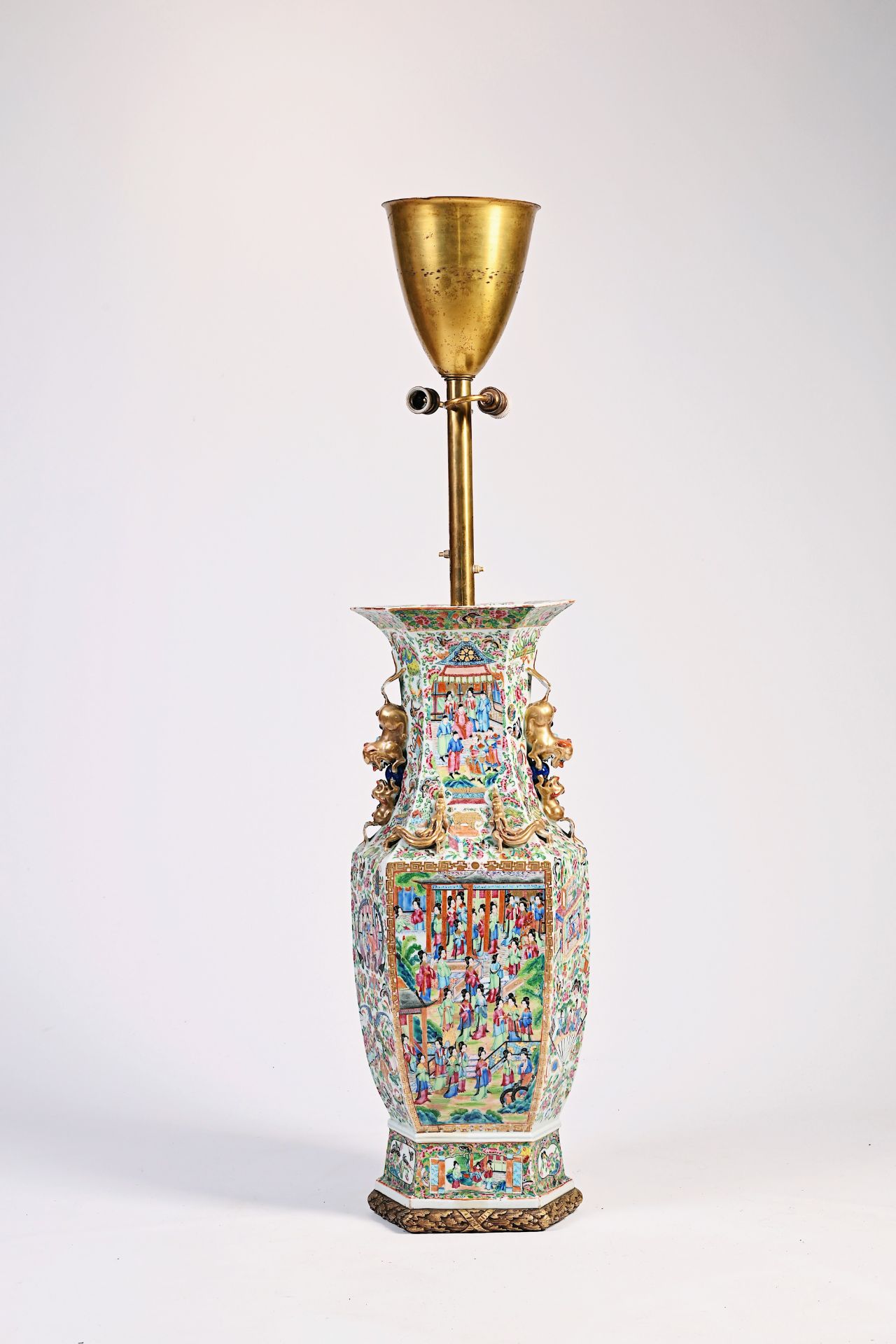 A large Chinese hexagonal Canton famille rose vase mounted as a lamp with an exceptional shade, 19th - Image 2 of 13