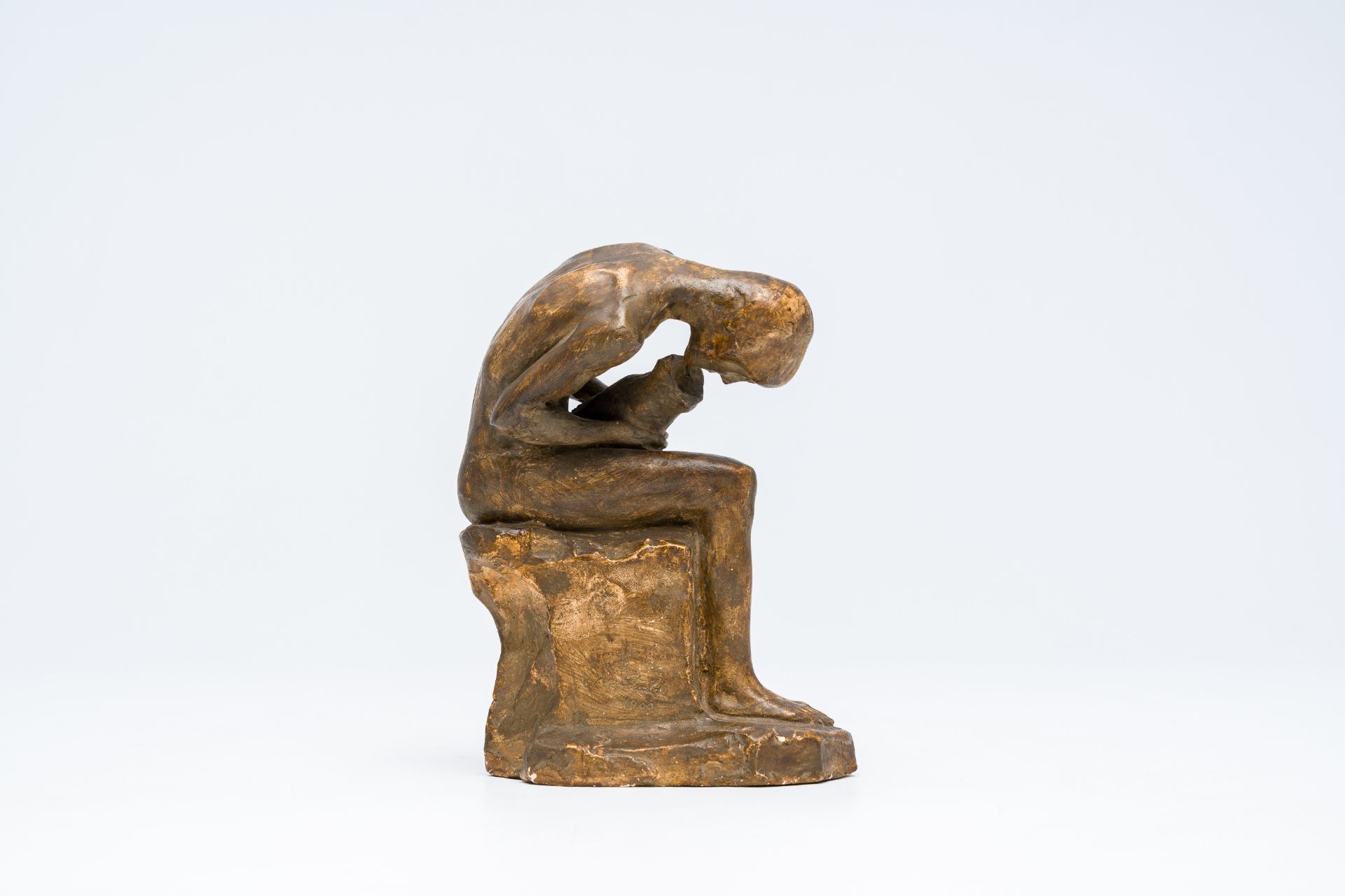 Constant Montald (1862-1944): A seated young man with a jug, patinated plaster, dated 1900 - Image 4 of 12