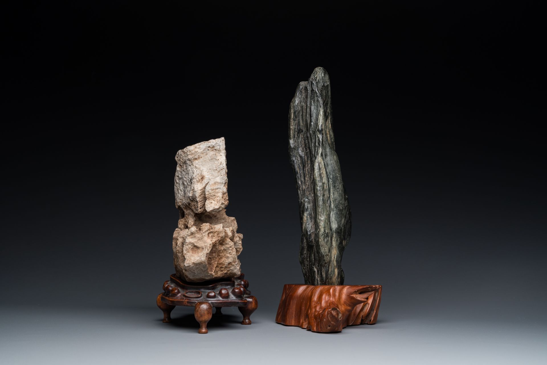 Two Chinese 'gongshi or 'scholar's rocks' on wood stands, Ming or later - Image 3 of 7