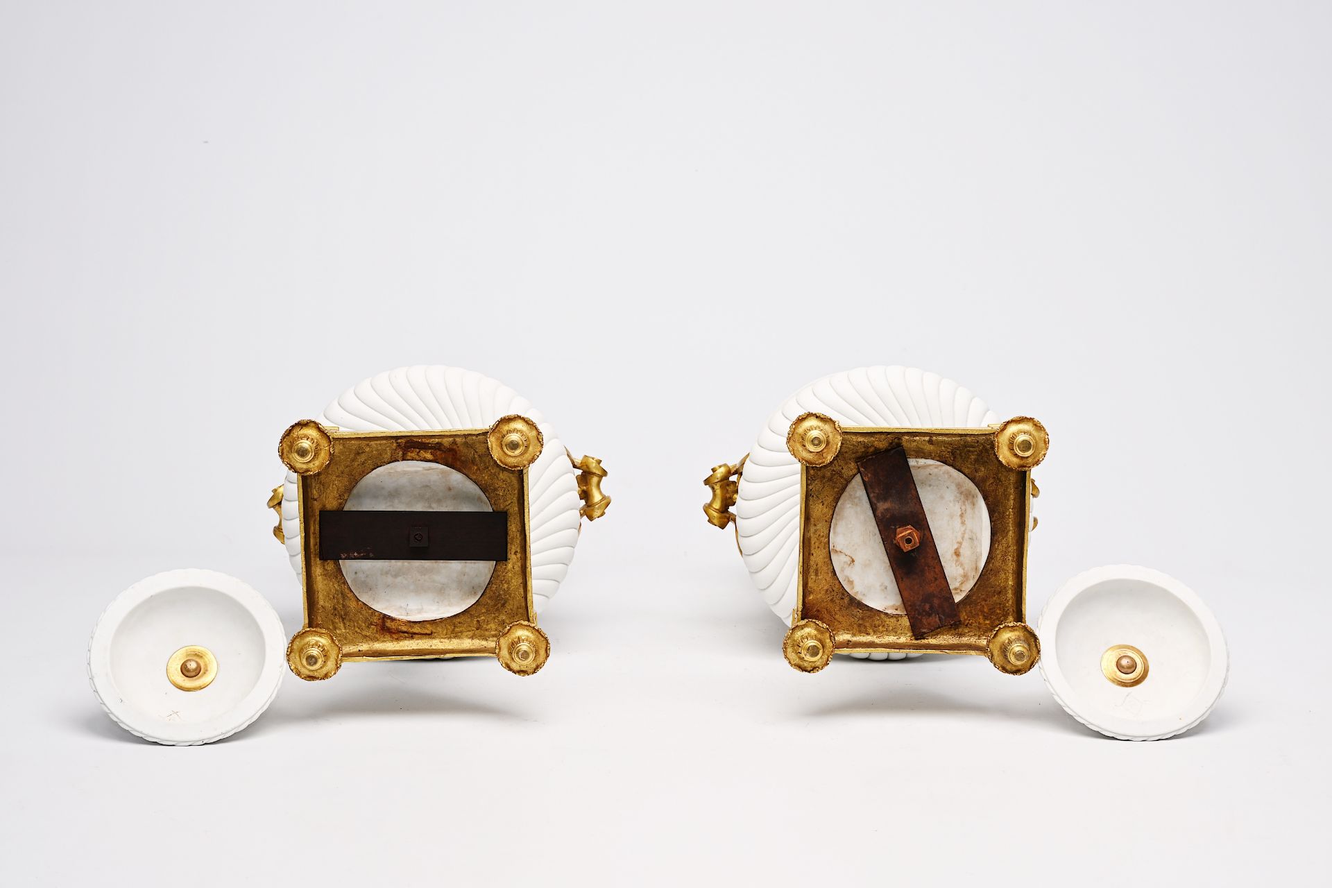 A pair of French biscuit gilt bronze mounted vases and covers with a frieze with bacchantes, Sevres - Image 7 of 14