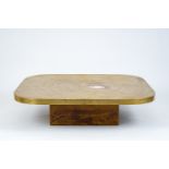 A design coffee table with an etched brass table top with an agate stone, Georges Mathias for Lova C