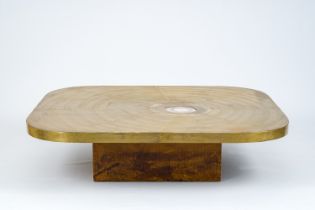 A design coffee table with an etched brass table top with an agate stone, Georges Mathias for Lova C