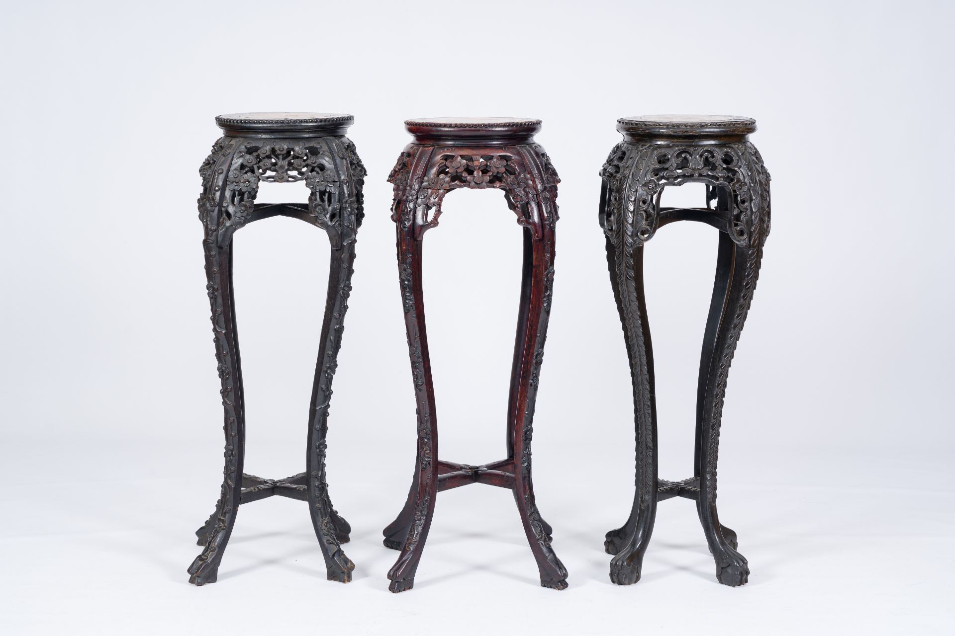 Three Chinese reticulated hardwood stands with marble tops, 19th/20th C. - Image 4 of 7