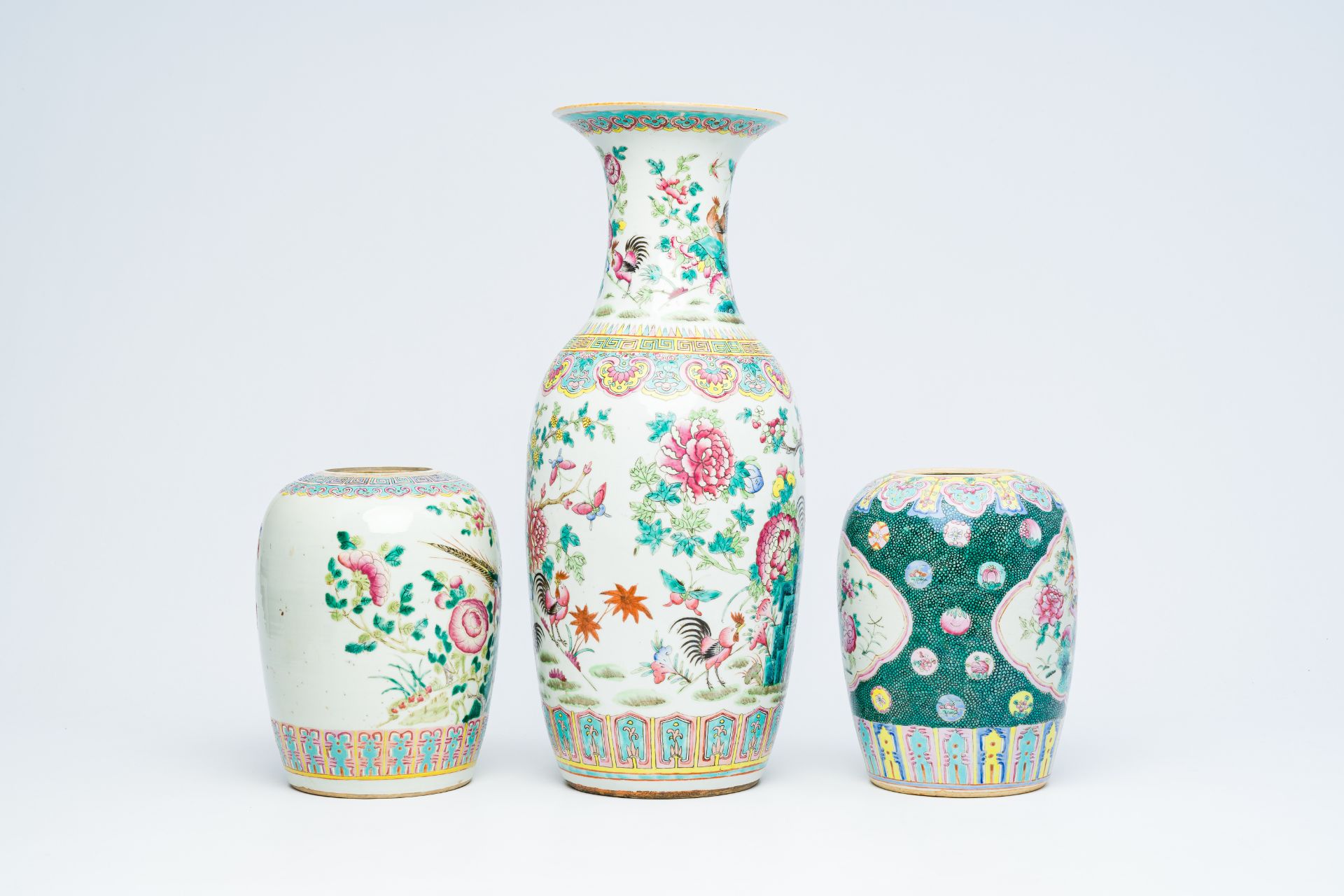 A Chinese famille rose vase and two ginger jars with birds among blossoming branches, 19th C. - Image 8 of 12