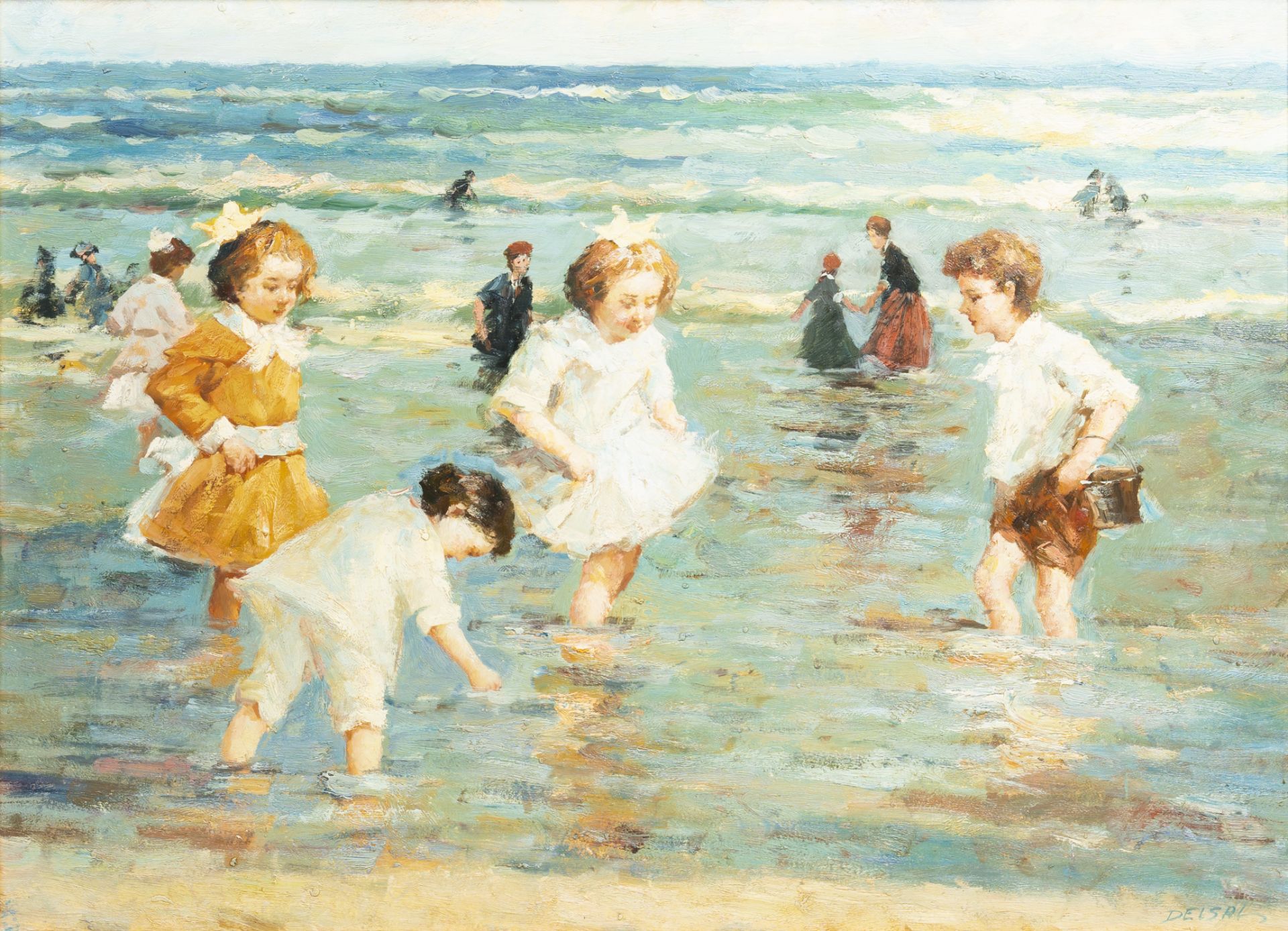 Delsal (?): Children playing on the coast, oil on canvas