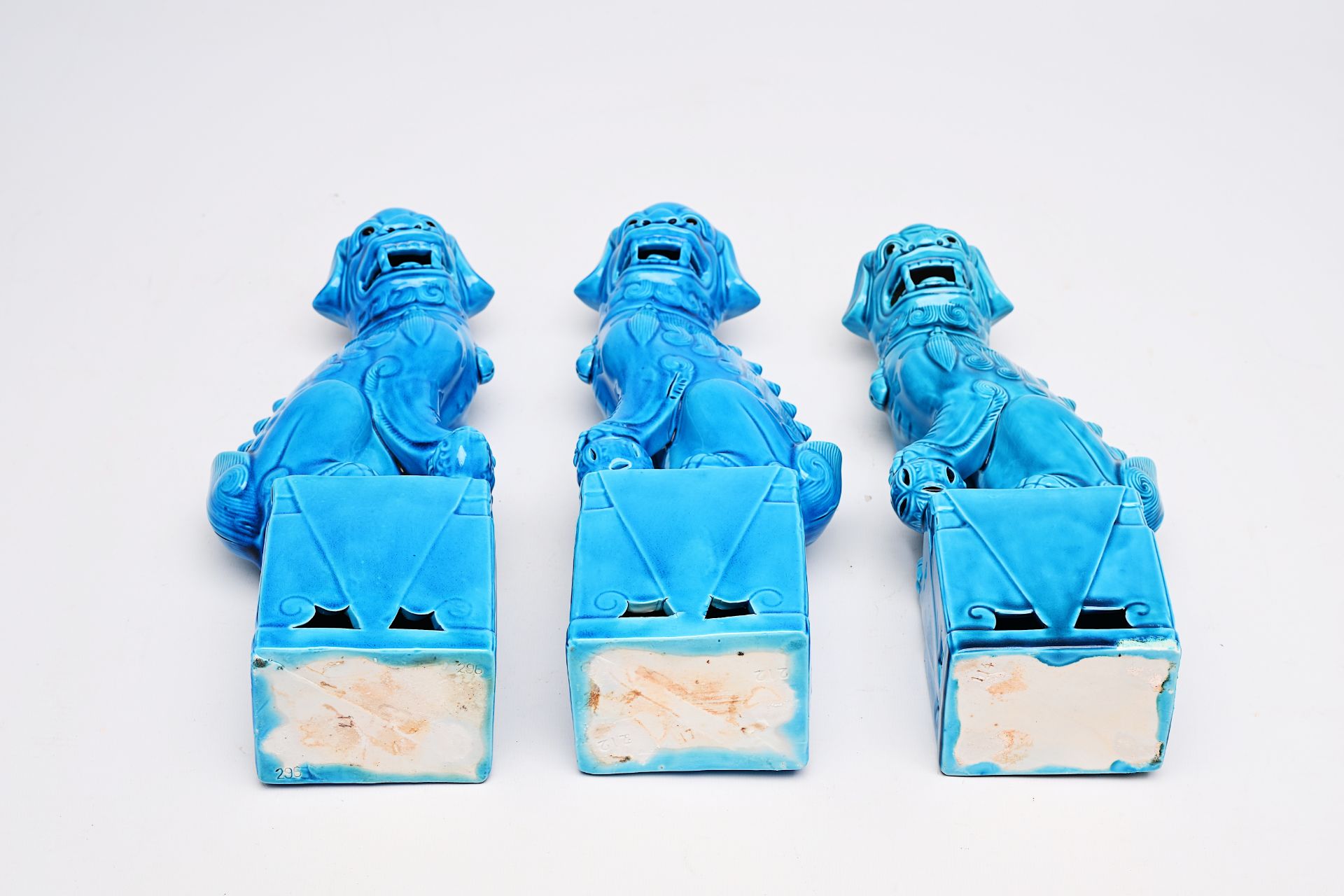 Five Chinese soapstone sculptures, three turquoise glazed lions and a pair of blue and white plates, - Image 20 of 24