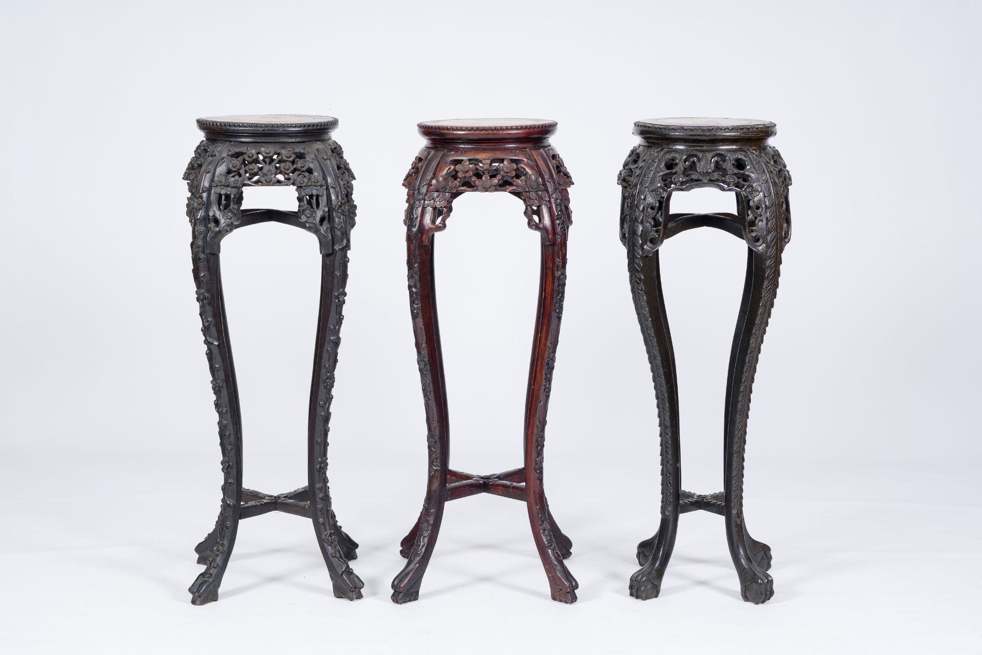 Three Chinese reticulated hardwood stands with marble tops, 19th/20th C. - Image 3 of 7