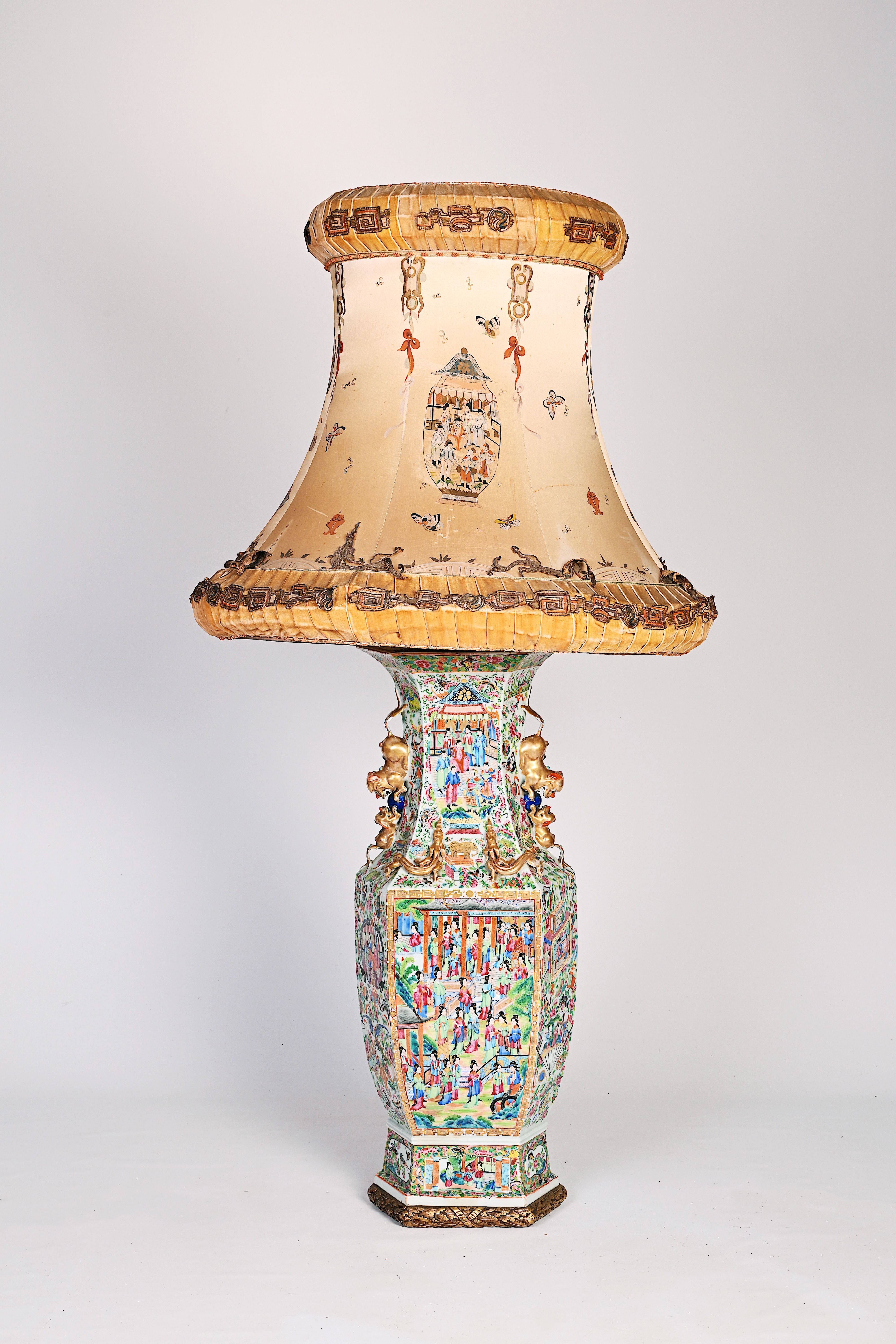 A large Chinese hexagonal Canton famille rose vase mounted as a lamp with an exceptional shade, 19th - Image 12 of 13
