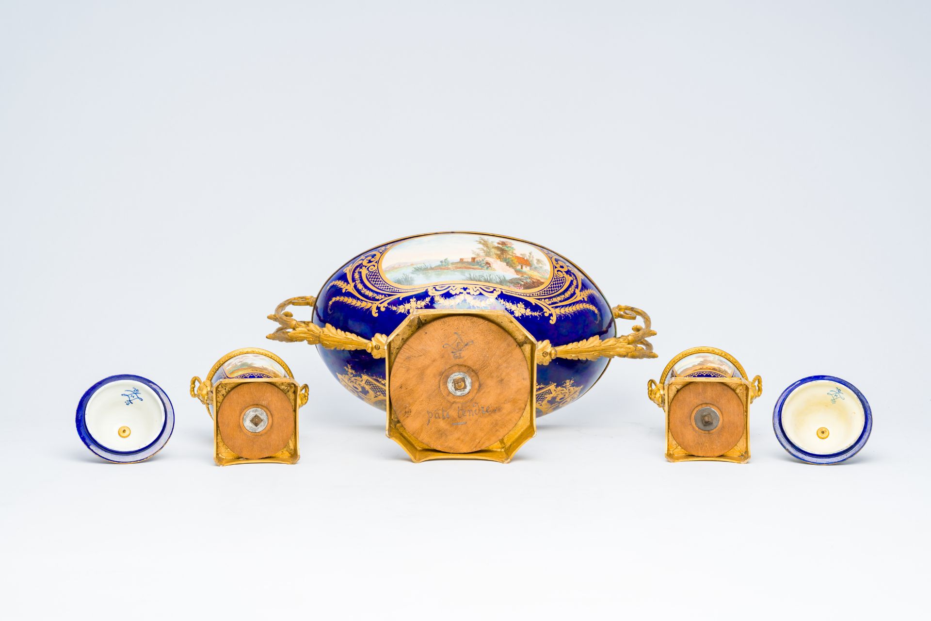 A three piece Sevres-style porcelain garniture with gilt bronze mounts, France, 19th C. - Image 6 of 7