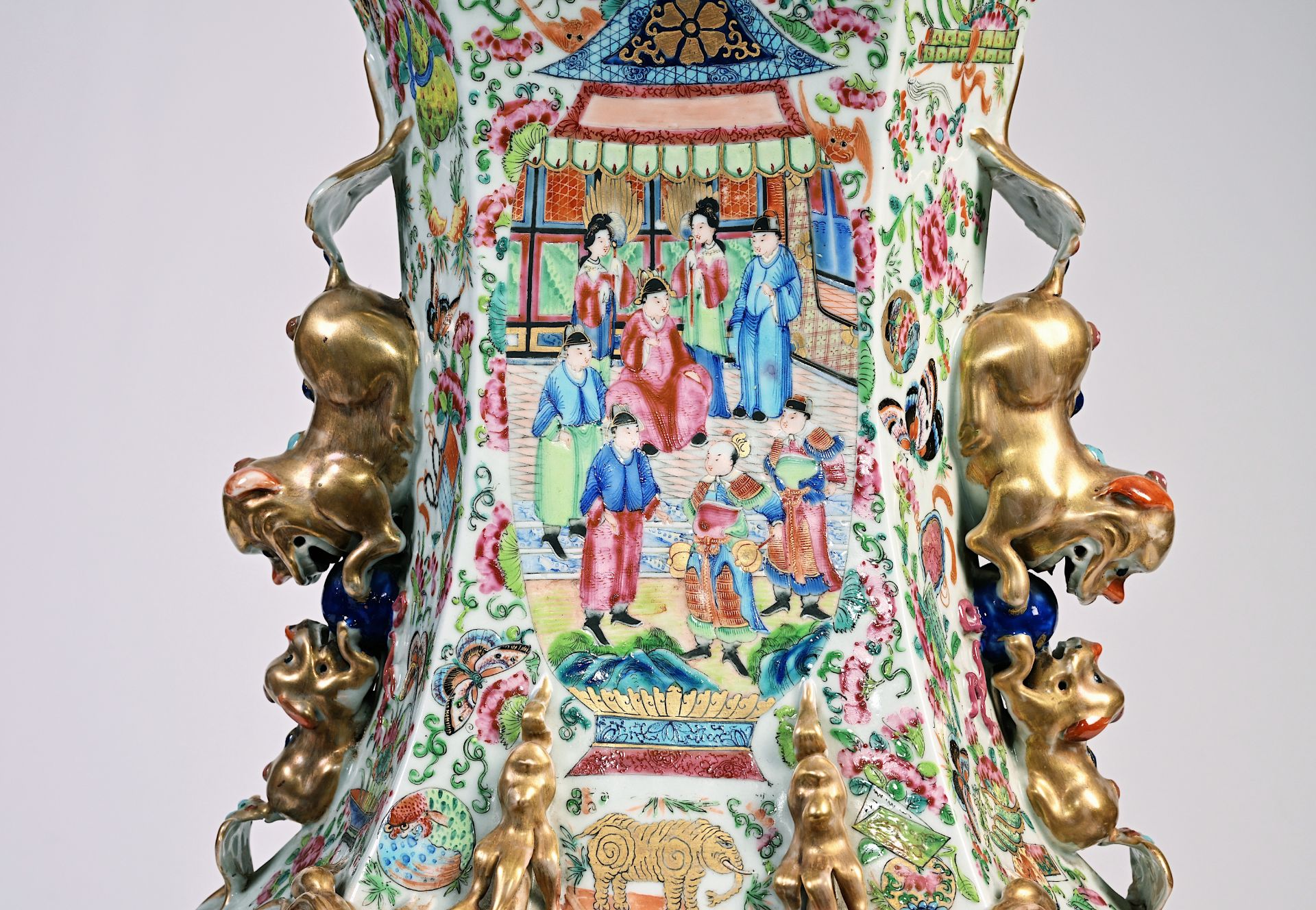 A large Chinese hexagonal Canton famille rose vase mounted as a lamp with an exceptional shade, 19th - Image 6 of 13