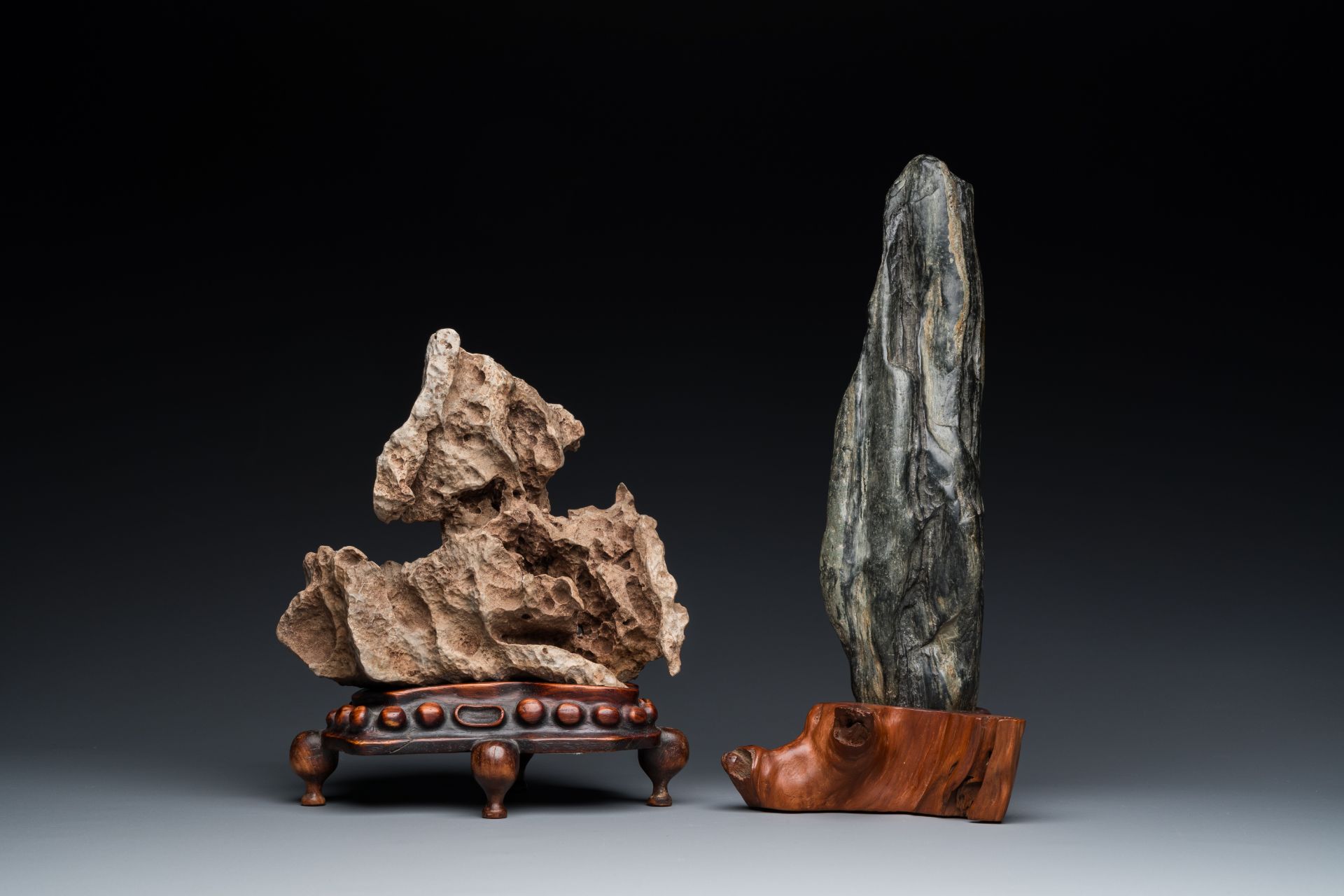 Two Chinese 'gongshi or 'scholar's rocks' on wood stands, Ming or later - Image 4 of 7