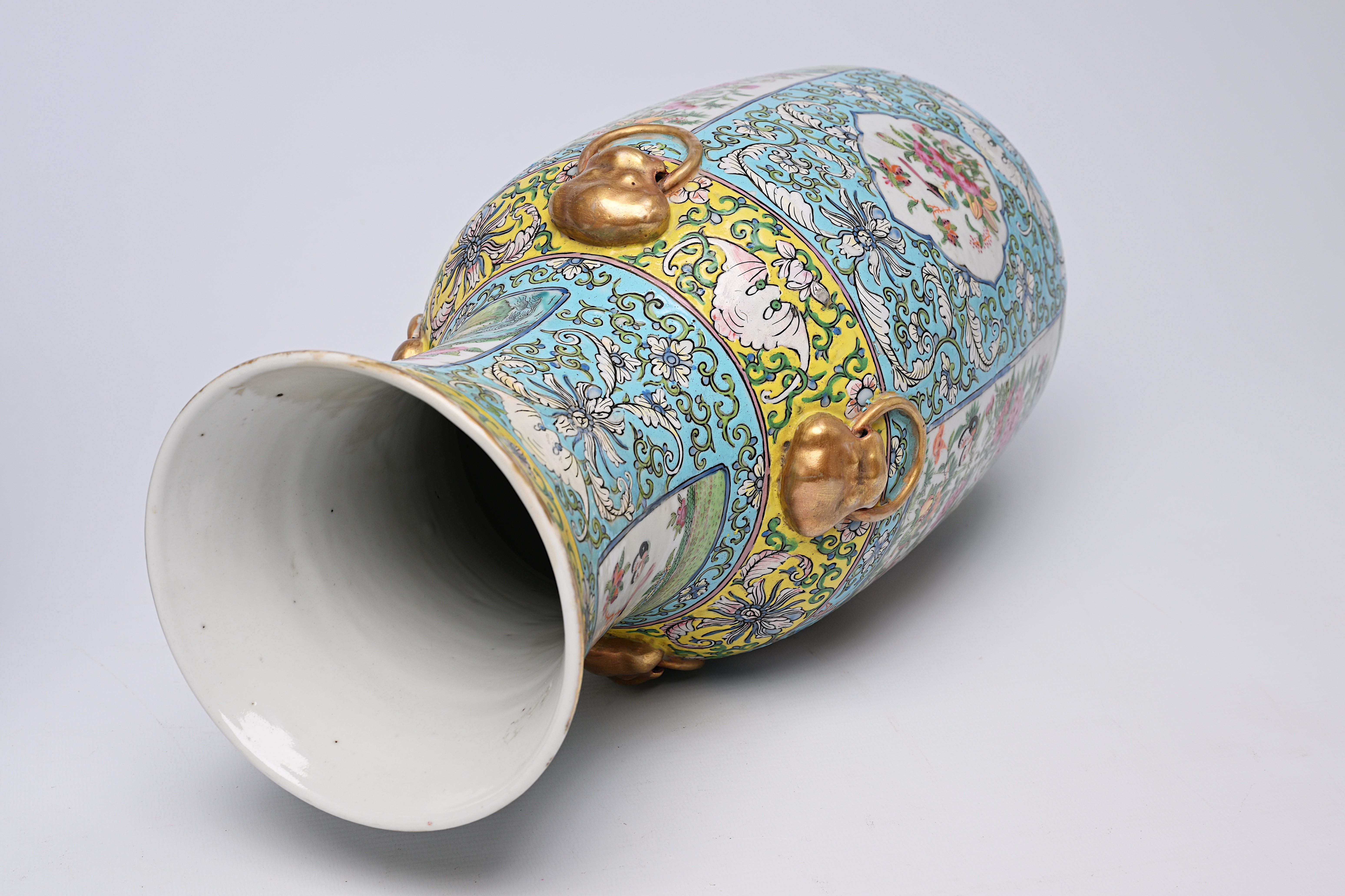 A pair of Chinese Canton famille rose turquoise ground vases with birds and butterflies among blosso - Image 9 of 13