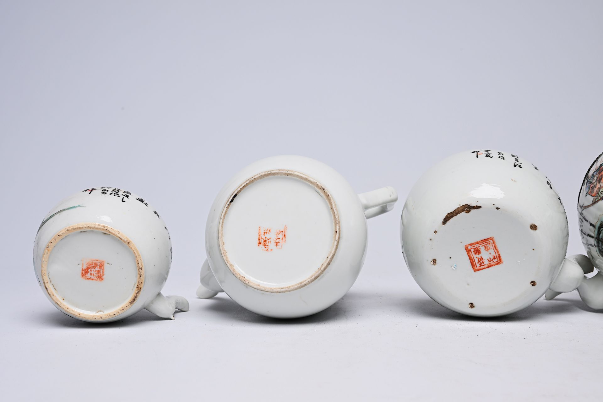 Five Chinese famille rose and qianjiang cai teapots and covers with floral and figurative design, 19 - Image 8 of 8