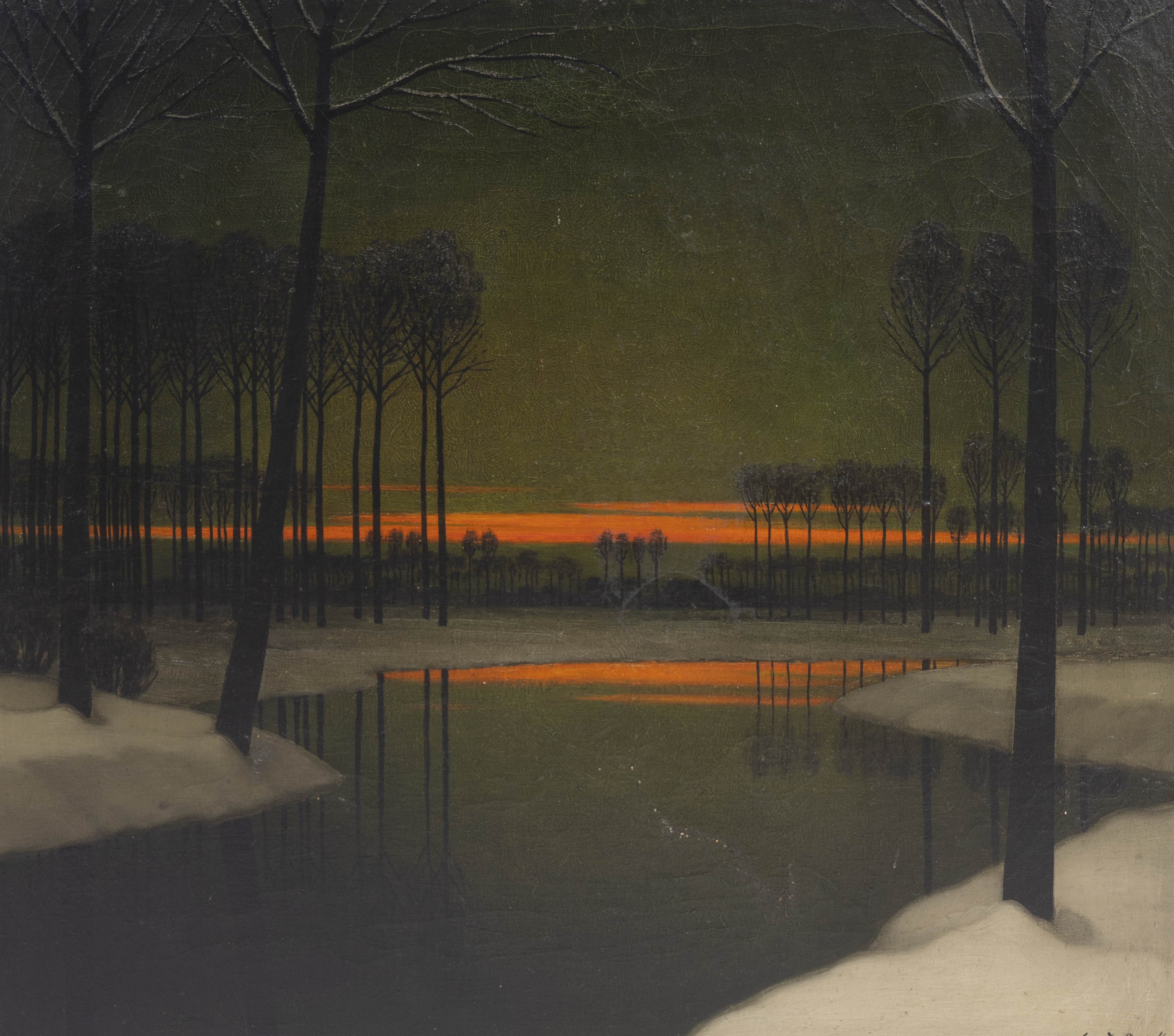 Evariste Gustave De Buck (1892-1974): Snow landscape with setting sun, oil on canvas