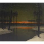 Evariste Gustave De Buck (1892-1974): Snow landscape with setting sun, oil on canvas